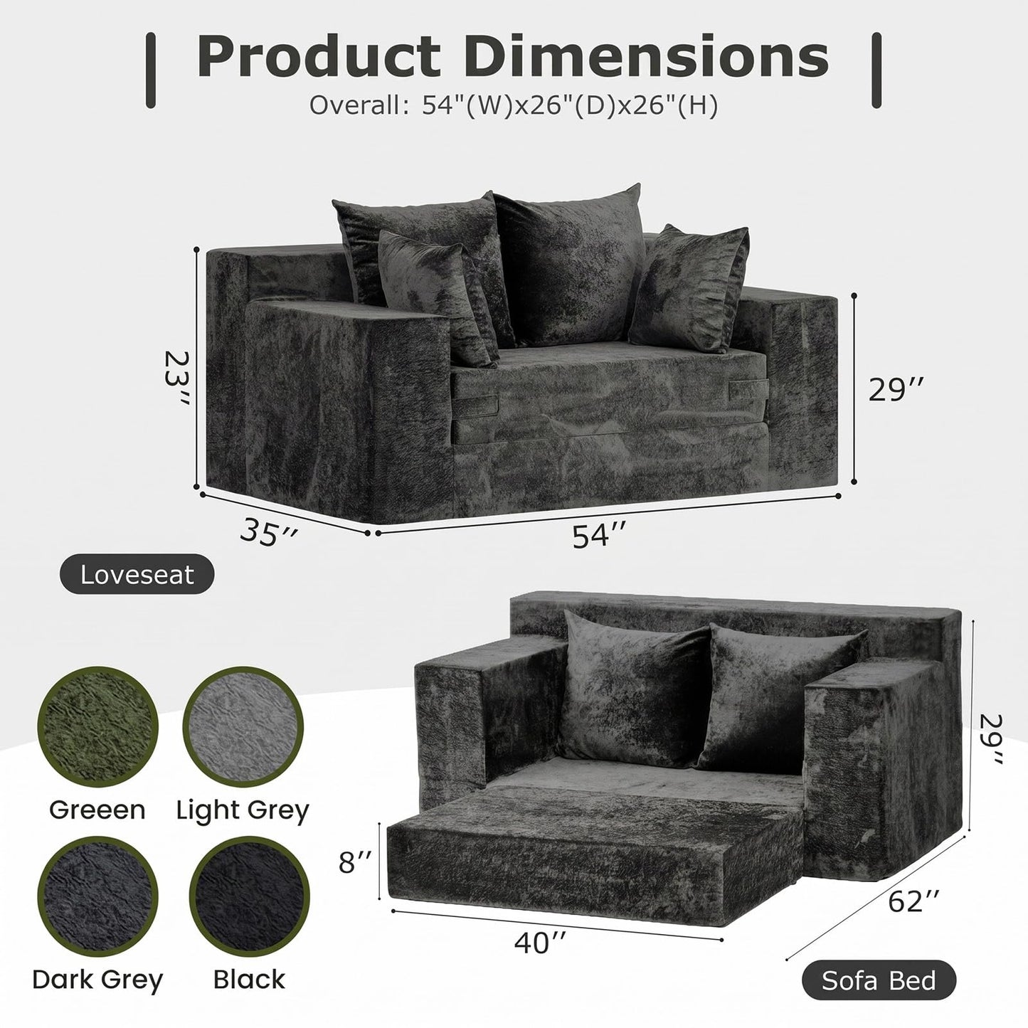 feliz home Boneless Loveseat Couches, Convertible Sofa Bed Folding Couch Bed, Boneless Chair Bed & Futon Sofa Bed, Small Pull Out Couch Foldable with 4 Pillows for Living Room, Dark Grey