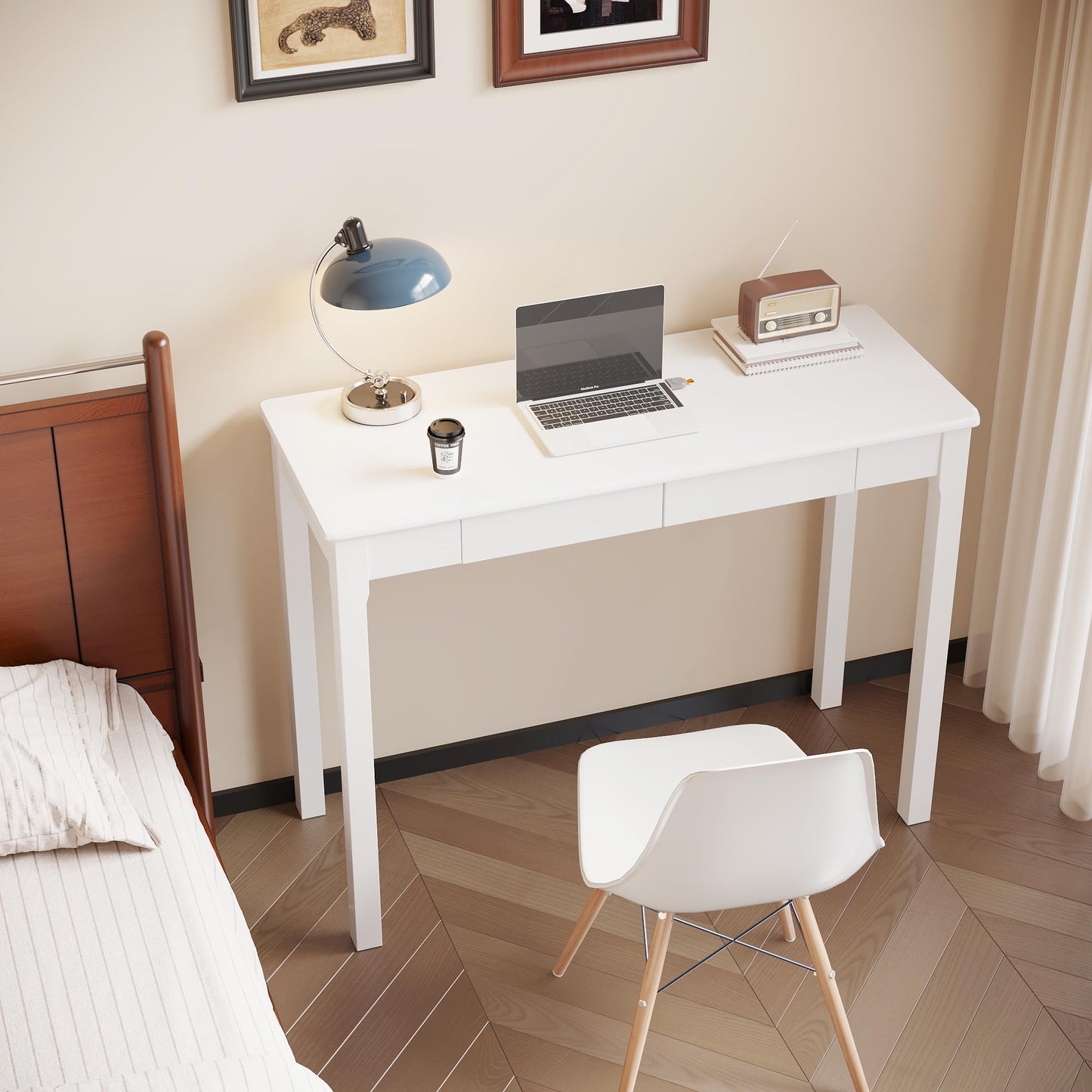Love-KNPTUS Solid Wood Desk with Drawers - 39" Narrow Desks for Small Spaces, Mid Century Modern Desks, Small Wooden Vintage Computer Writing Desk, Study Table for Home Office Bedroom, White