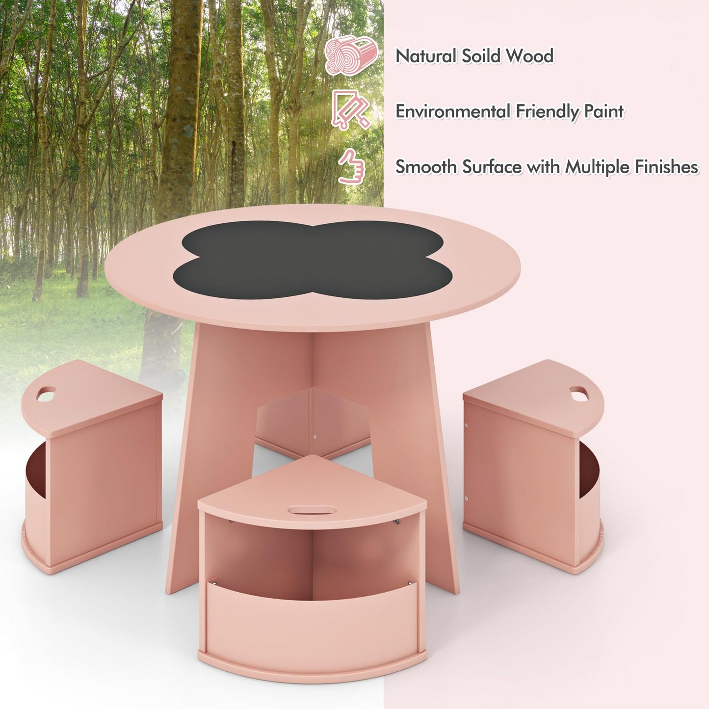 INFANS Toddler Table and Chair Set with 4 Storage Stools, Wooden Flower Shaped Nesting Table with Blackboard Drawers, Children Multi-Activity Table for Art Crafts Draw Read Boys Girls 3+