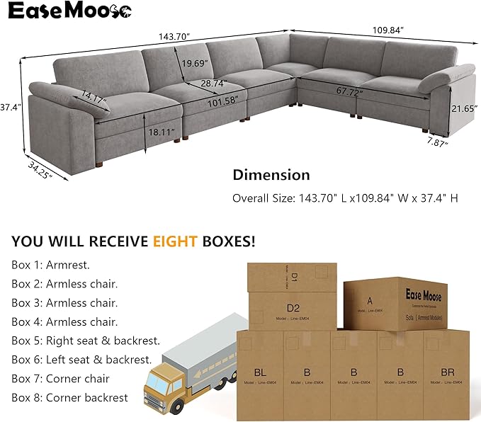 EASE MOOSE Oversized L Shape Sectional Couch, Extra Large Deep seat Gray