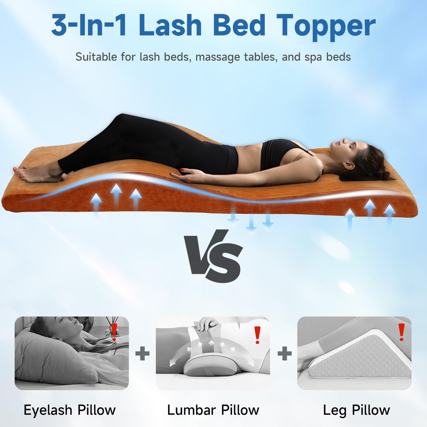 JEINPING Curved Lash Bed Topper High Density Foam Curved Massage Mattress Non-Slip Lash Bed Cushion Velvet Ergonomic Lash Table Pad with Removable Cover for Beauty Salon 23.6in/70in, Dark Orange