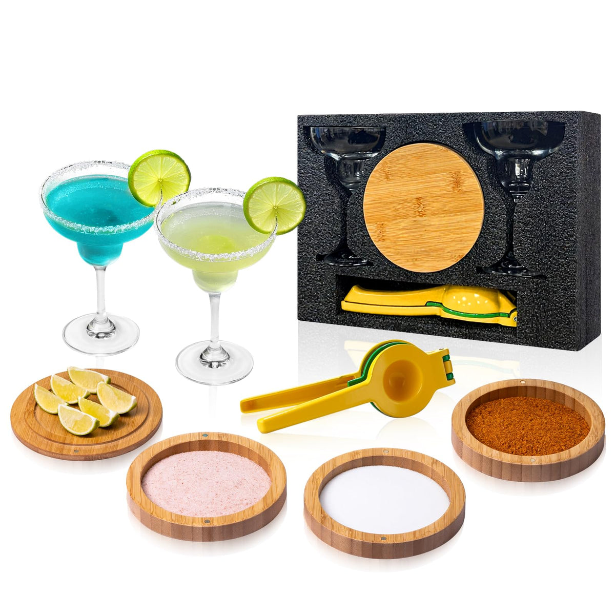 USEEKRIL 3-Tier Bamboo Margraita Salt Rimmer Set with 2 Glass&Lemon Squeezer,Margraita Kit Gift Set,Salt&Sugar Rimmer for Drinks,Glass Rimmer Tools with Magnetic Swivel Lid for Bartenders,Parties