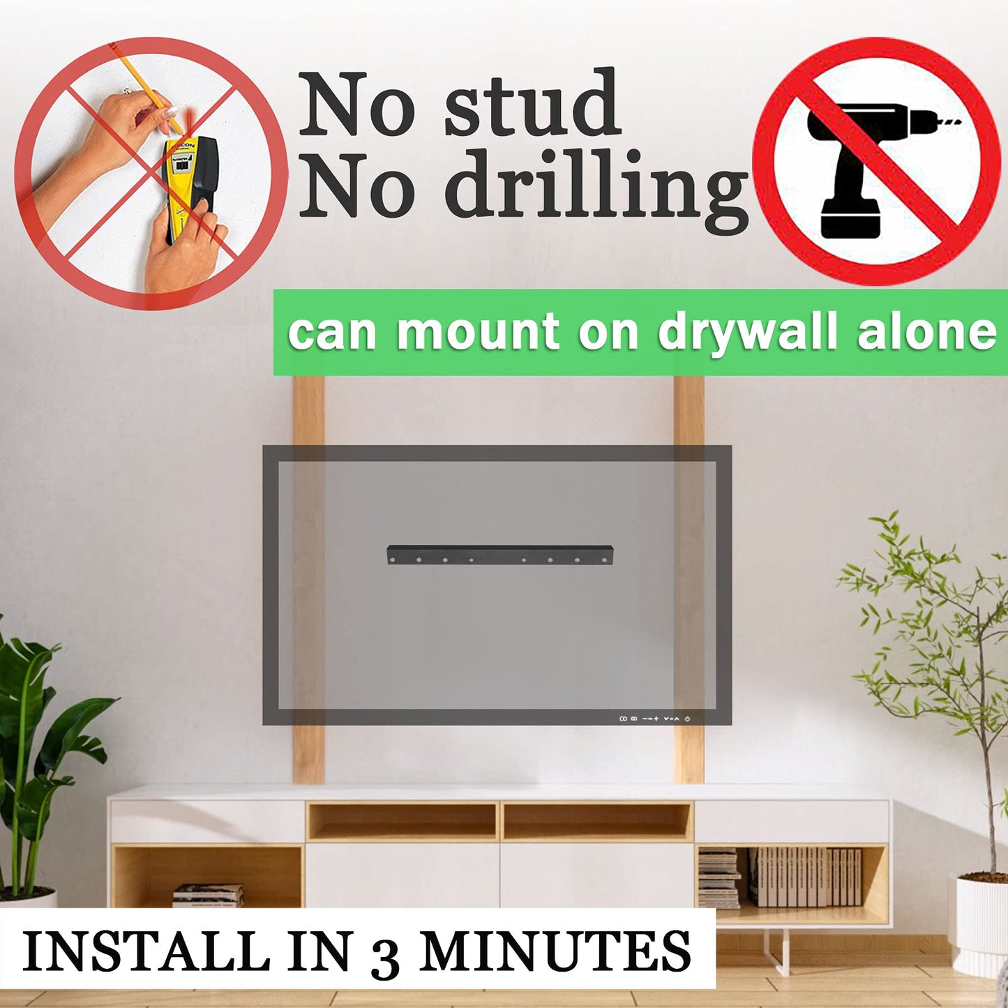 No Stud TV Wall Mount, Drywall Studless TV Hanger No Damage, No Drill, Non Screws, Dry Wall Flat Screen TVs Easy Install Bar Bracket fits VESA 12-55 inch TVs up to 99 lbs, Include Hardware Levels