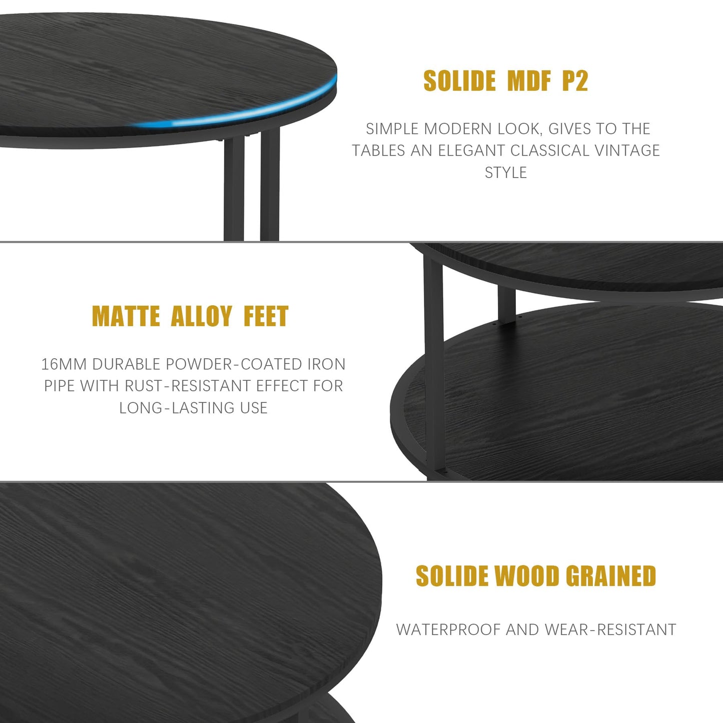 NSdirect Round Coffee Table, 27.6" Small Coffee Table for Living Room,2-Tier Rustic Wood Desktop with Storage Shelf Modern Design Home Furniture(Black)