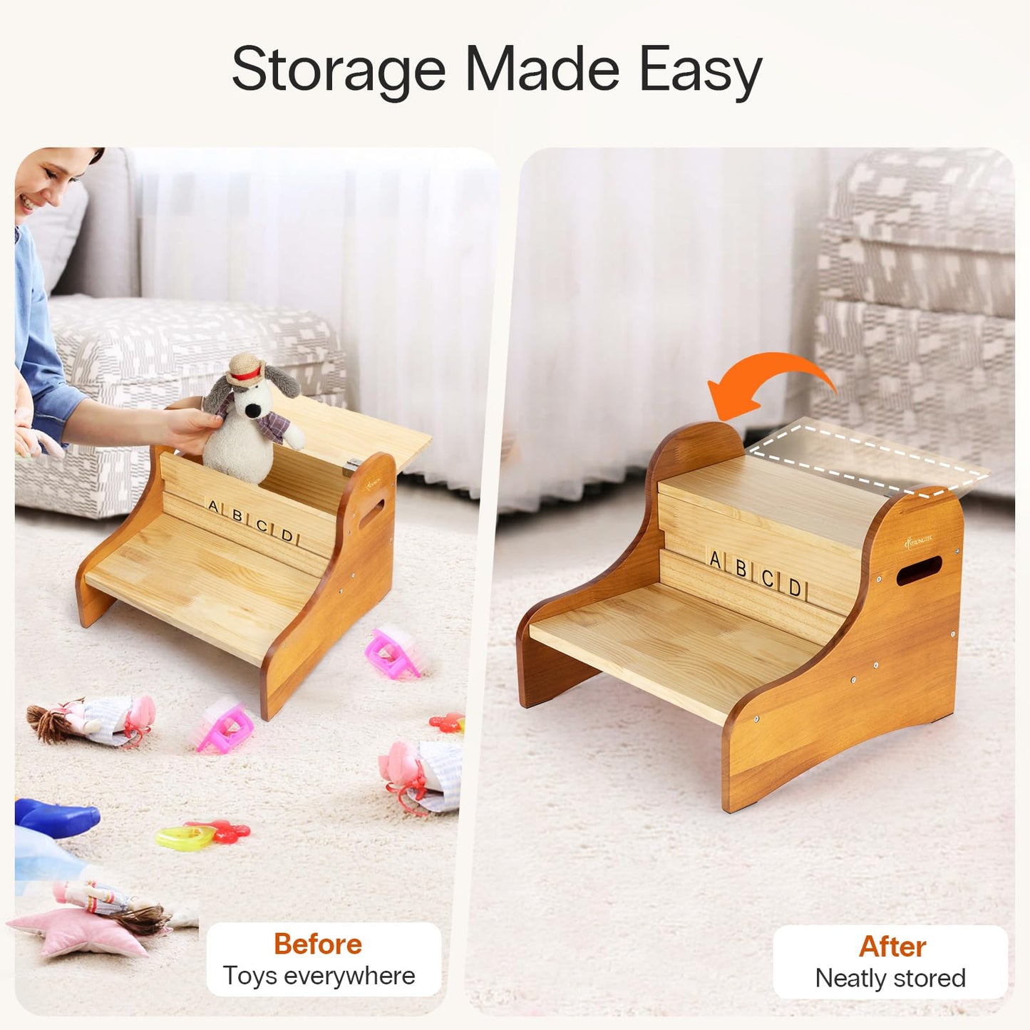 StrongTek Wooden 2-Step Stool, Lightweight Pine Wood Step Stool with Non-Slip Pads, Easy-Clean Personalized Name Display Stool for Bedroom, Playroom, and Home Use