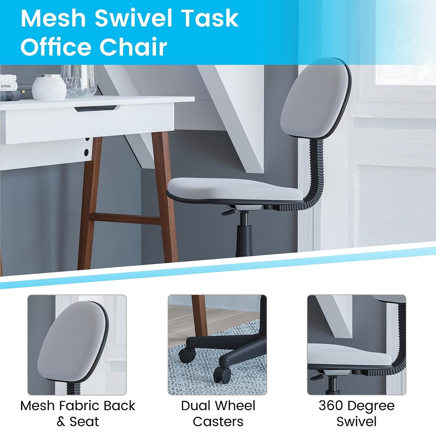 Flash Furniture Harry Low Back Swivel Task Office Chair - Adjustable Gray Student Chair with Padded Mesh Seat & Back - Homeschool Study Chair