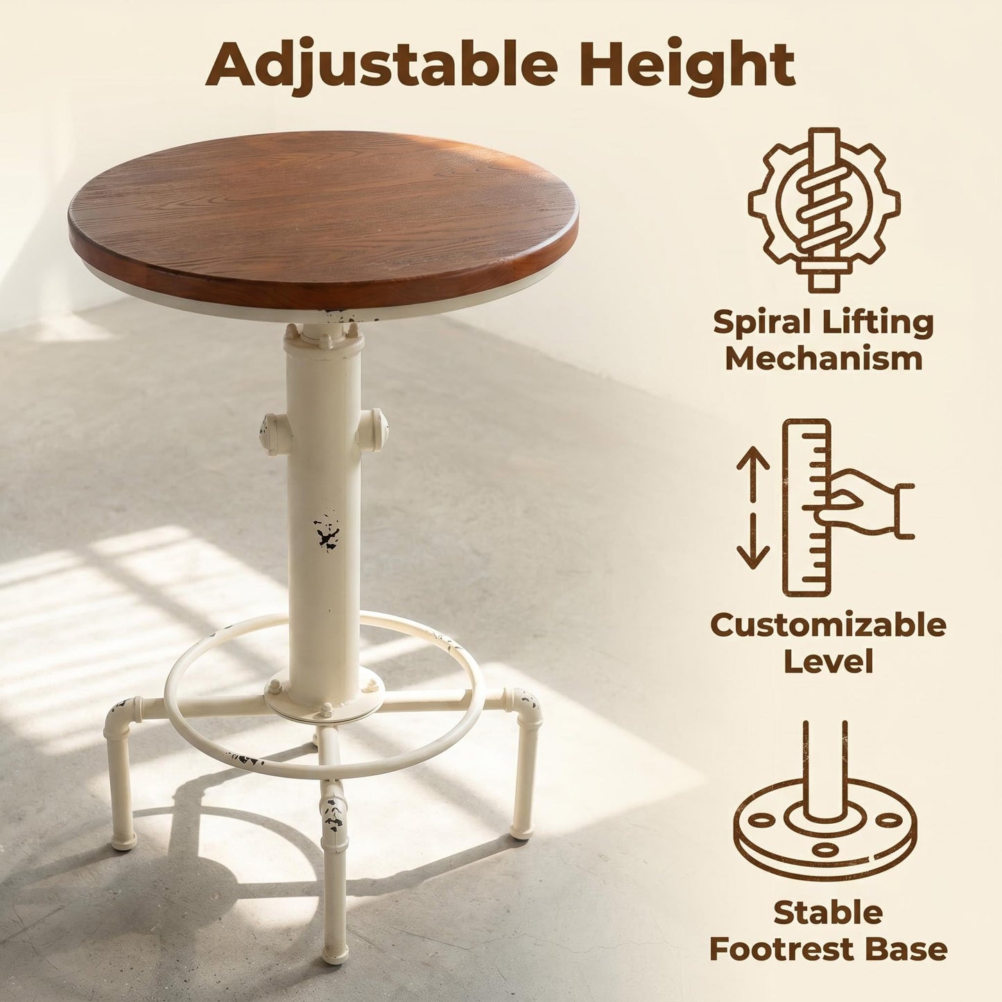 Topower Industrial Bar Table 32.3-38.2" Adjustable Pub Table Kitchen Dining Coffee Bistro Table (Antique White)