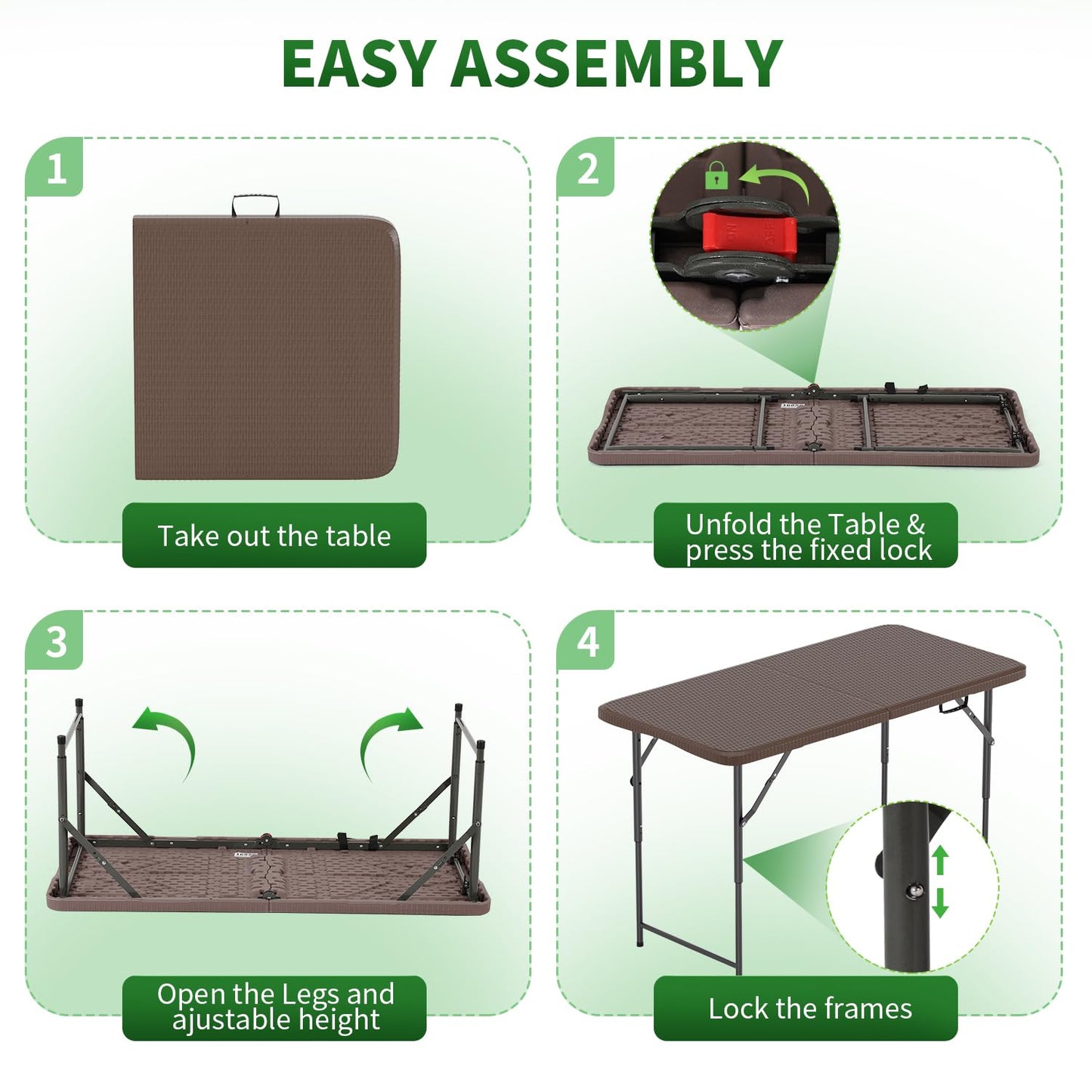BestOffice 4 FT Picnic Table Folding Table Camping Plastic Table Fold Up Table Lock for Party Event, Brown Ratten