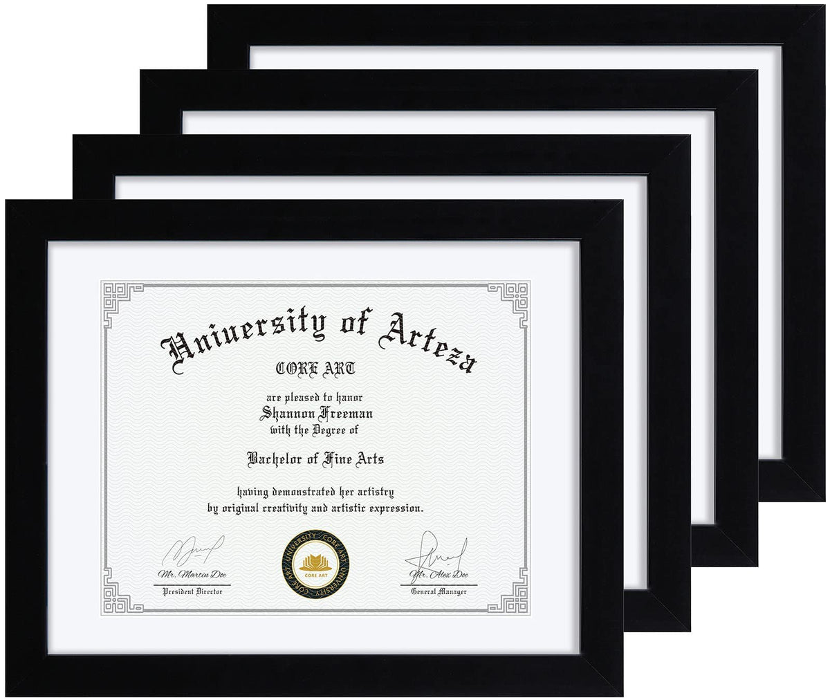 CORE ART 11x14 Black Certificate Frames with Mat,Display Diploma 8.5 x 11 or Document 11 x 14 without Mat,Multipack College Degree Frames for Wall or Tabletop Display,Set of 4