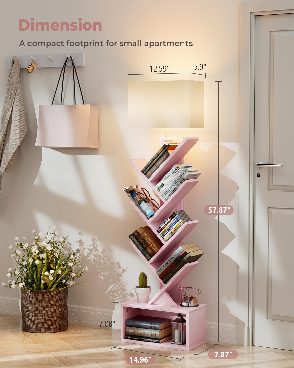 Evermagin 6 Tier Tree Bookshelf with Light, Narrow Bookcase Tower, Tall Floor Standing Book Shelf Organizer with Storage Cabinet for Living Room, Bedroom and Home Office, Pink