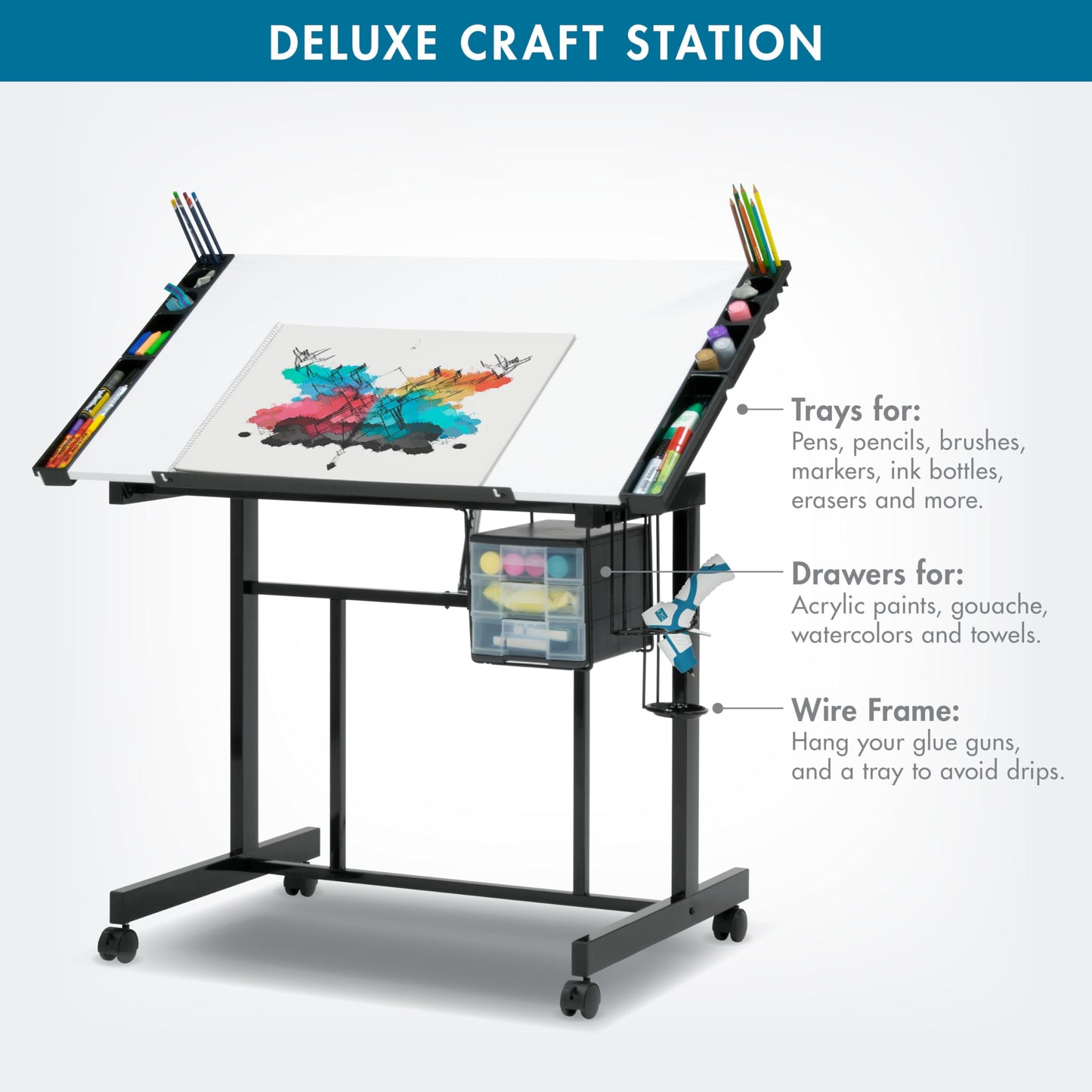 Studio Designs Deluxe Craft Station, Top Adjustable Drafting Table Craft Table Drawing Desk Hobby Table Writing Desk Studio Desk with Drawers, 36''W x 24''D, Black/White