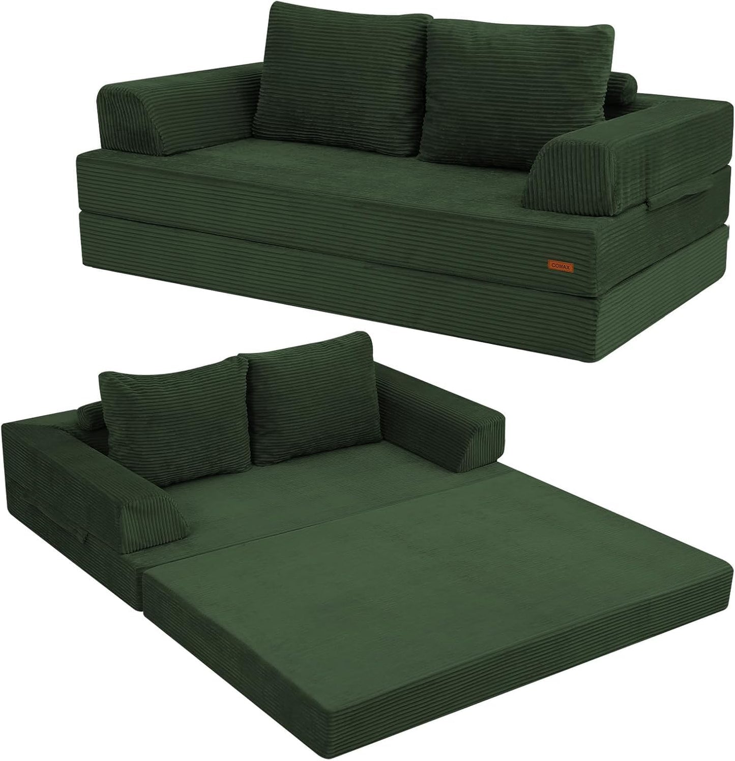COMAX Convertible Sofa Bed, Folding Floor Couch Corduroy Fold Out Couch Bed Futon Sleeper Mattress with Pillows, Boneless Sofa Comfy Lounge Loveseat for Living Room Bedroom, Green