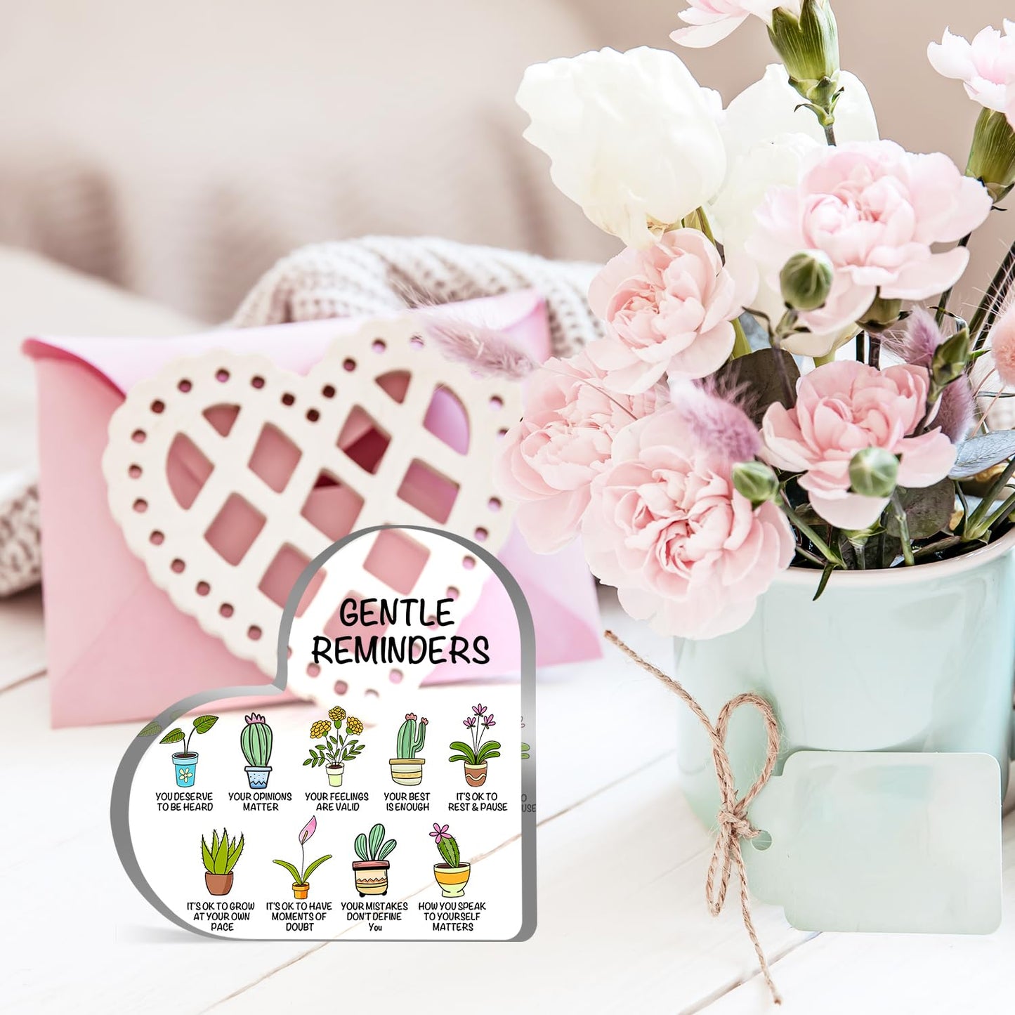 Gentle Reminders Decor, Positive Affirmations Desktop Art Decorations for Home Therapy Office School Counselling Office Mental Health Awareness Gifts