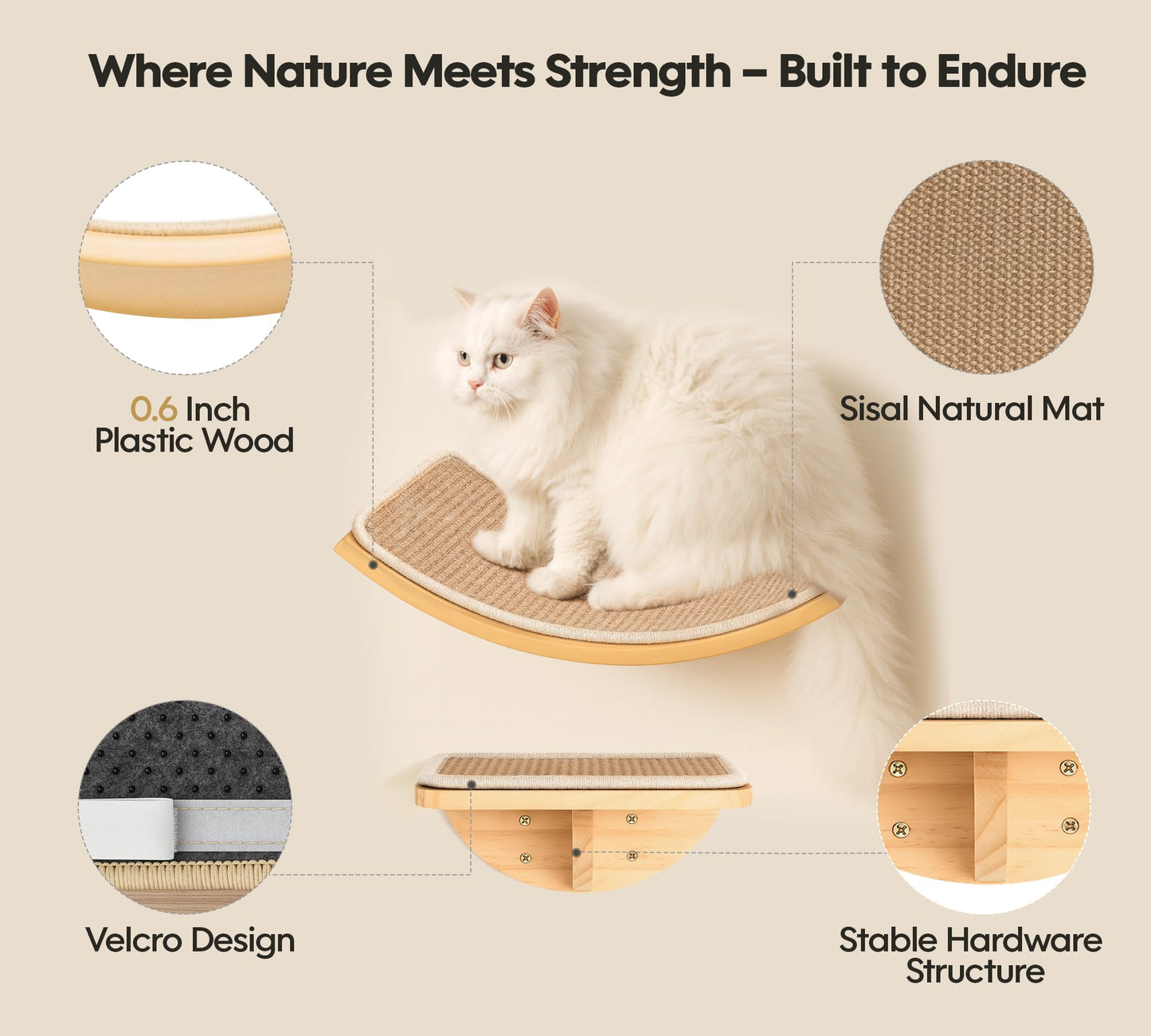 Curved Cat Wall Hammock with Scratchable Sisal Pad, Large Floating Cat Shelf for Wall, Wall Mounted Beige Bed for Playing, Climbing, and Sleeping