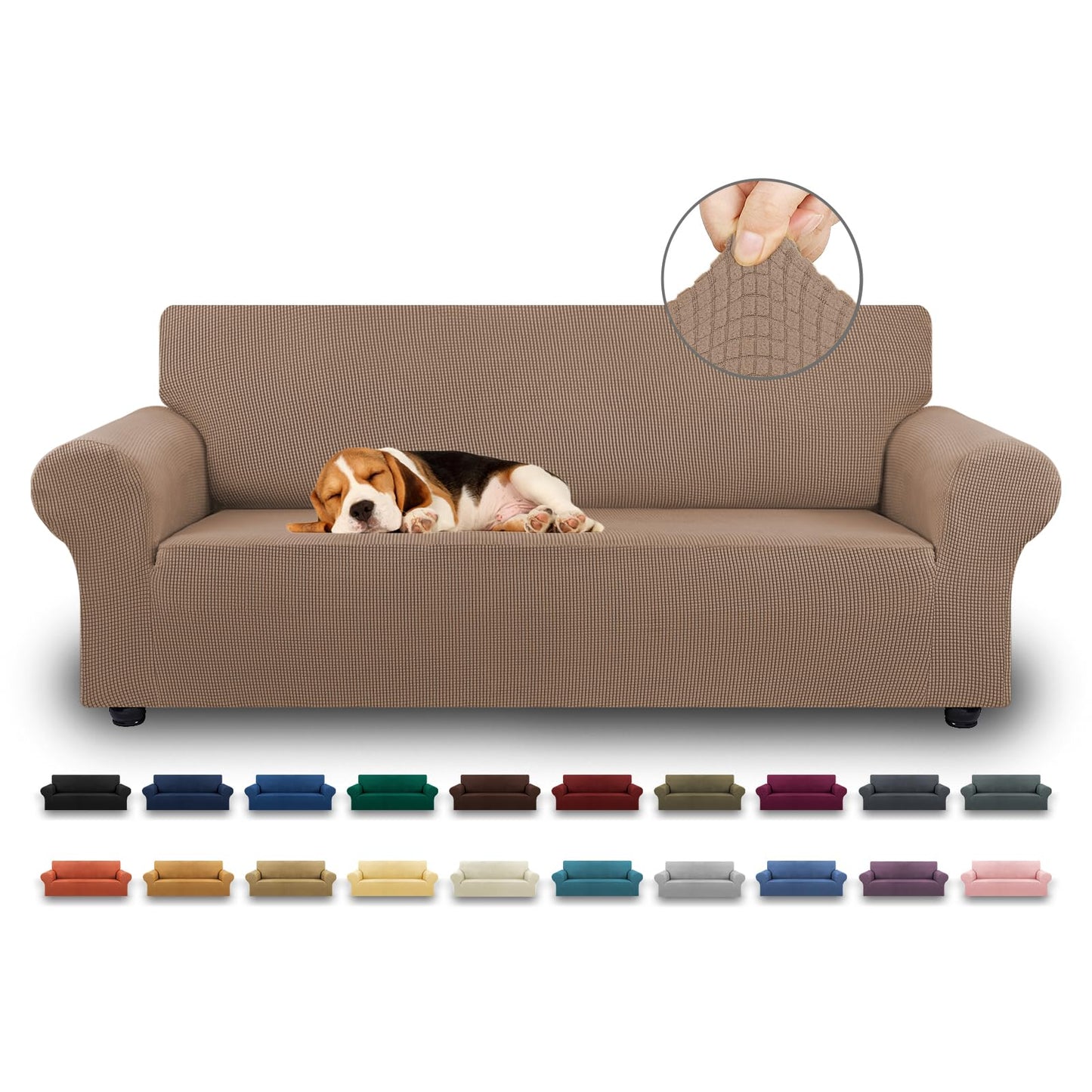 KEKUOU Stretch Sofa Cover Slipcover ，Couch Covers for 3 Cushion Couch Sofa pet Friendly (78"-94") Furniture Protector Sofa with Elastic Bottom for Kids,Dog, Jacquard Small Checked(Large,Camel)