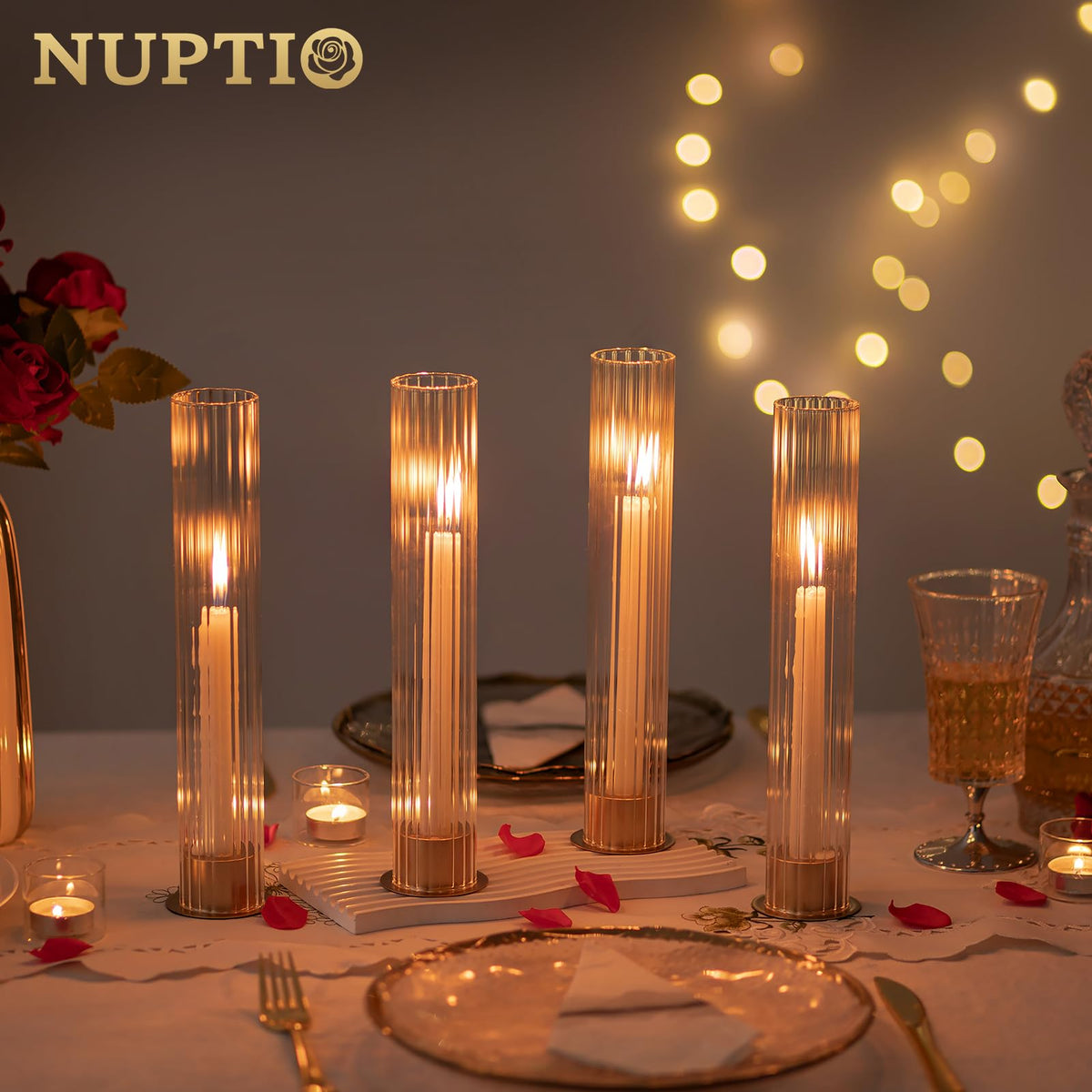 NUPTIO Candlestick Holder with Fluted Hurricane: Set of 6 Metal Candle Holders with Glass Cylinders - Gold Taper Candleholders for Birthday Valentine Wedding Table Centerpiece Outdoor Decor
