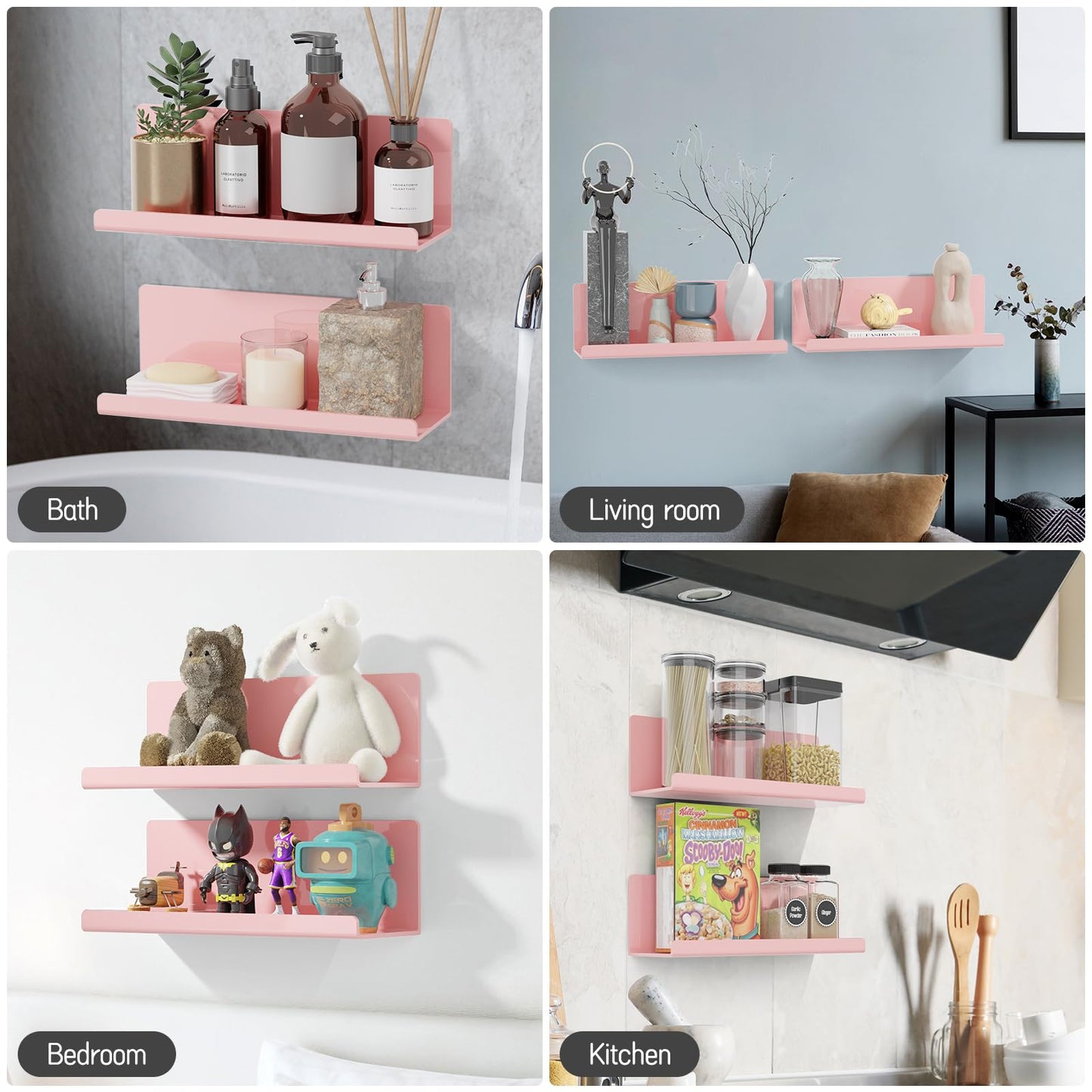 PAVSTINE Adhesive Floating Shelves for Wall No Drilling, 12 Inch Acrylic Self Adhesive Shelves, Stick on Shelves, Dorm Wall Shelf, for Bathroom, Kitchen, Bedroom, Office, Gaming Room, Pink