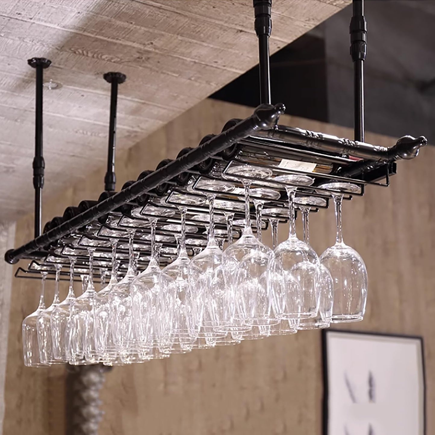TXGJWRA Ceiling Wine Glass Rack,Hanging Wine Rack with Glass Holder and Shelf,Height Adjustable Metal Ceiling Bar Wine Glass Rack,Liquor Bottle Display Shelf for Bars Cafe Kitch,Black-60x30cm