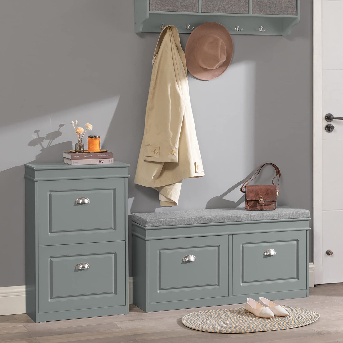 Haotian Grey Storage Shoe Bench with 2 Flip Drawers & Padded Seat Cushion, Enterway Bench Shoe Cabinet Shoe Organizer, Hidden Shoe Rack for Hallway, Bedroom FSR64-HG