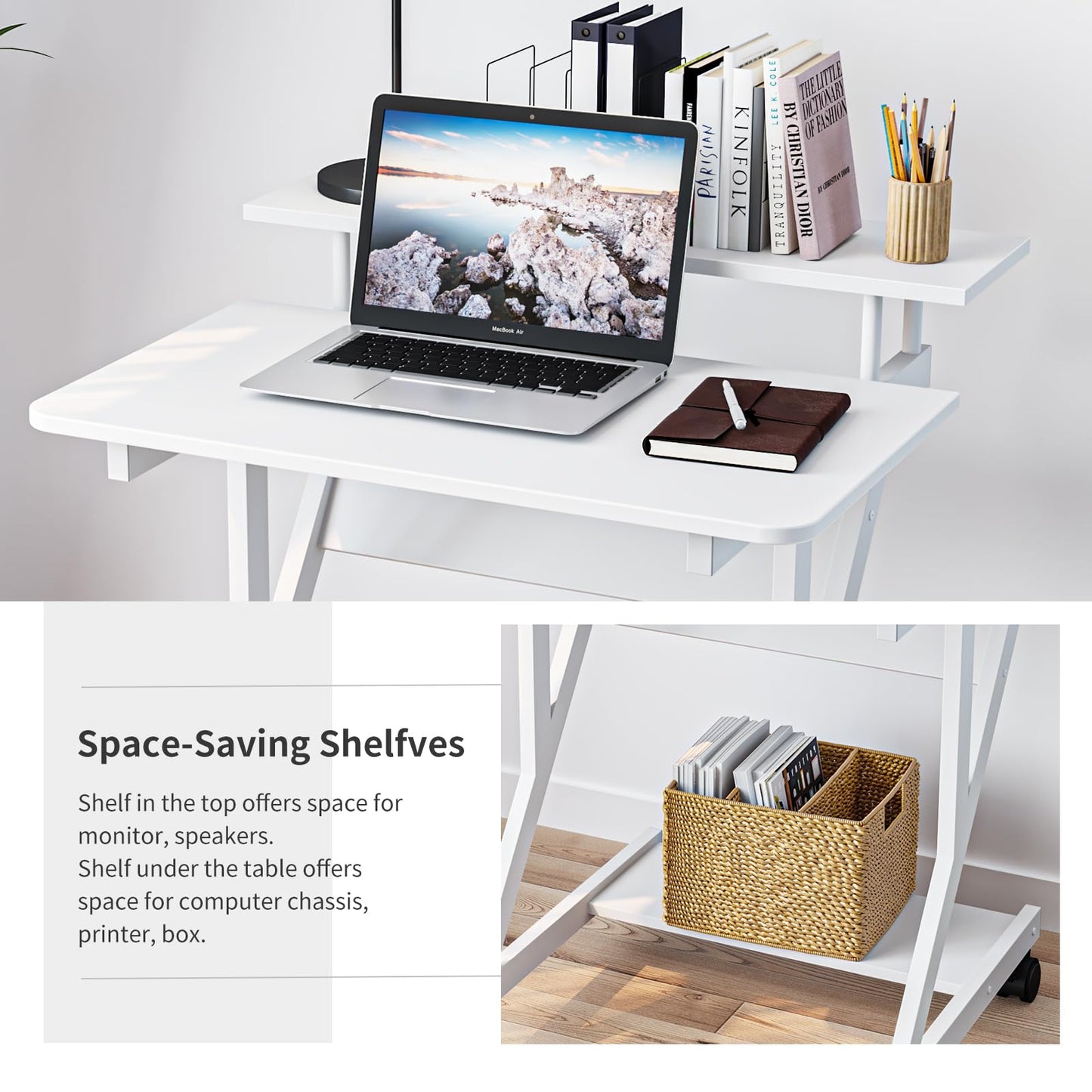Dripex Computer Desk for Small Spaces, 27.5 inch Small Computer Desk, 3 Tier Compact Desk with Monitor Shelf and Bottom Storage Shelves, Space Saving Desk, White