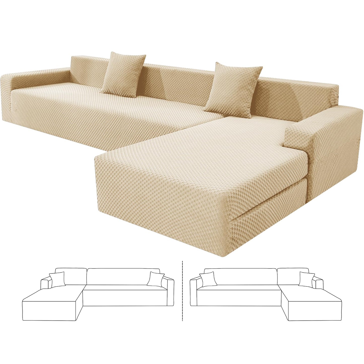 ZNSAYOTX Sectional Couch Covers, Stretch Jacquard Slipcovers with Elastic Bottom for L-Shape Sectional Sofa, 2 Pcs Pet Friendly Modular Sofa Protector (3 Seat Couch + 3 Seat Chaise, Light Beige)
