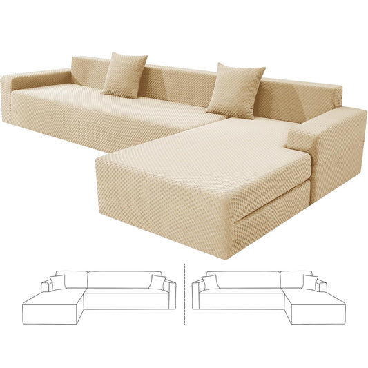 ZNSAYOTX Sectional Couch Covers, Stretch Jacquard Slipcovers with Elastic Bottom for L-Shape Sectional Sofa, 2 Pcs Pet Friendly Modular Sofa Protector (3 Seat Couch + 3 Seat Chaise, Light Beige)