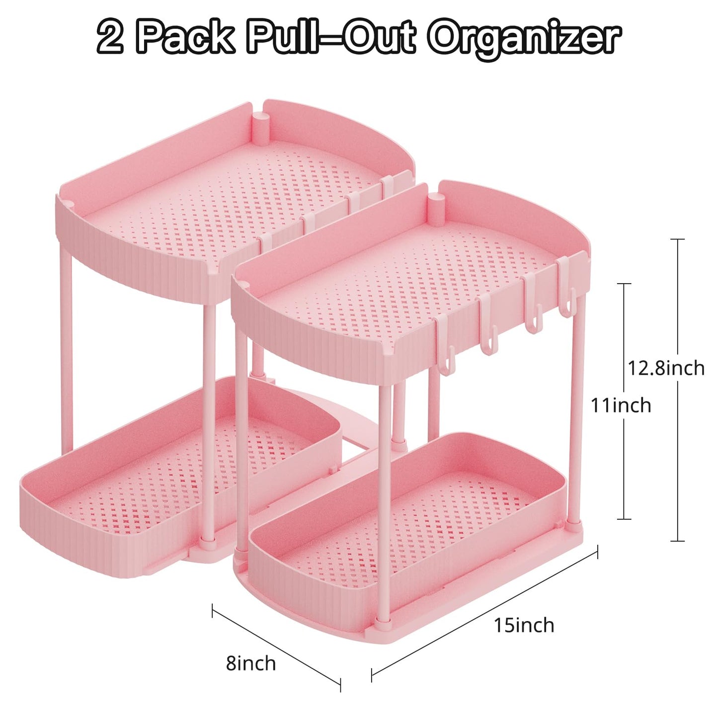 Ukeetap 2 Pack Multi-Purpose Pull-Out Storage Organizers, Under Sink & Cabinet Organizers, 12.8 Inch Pink
