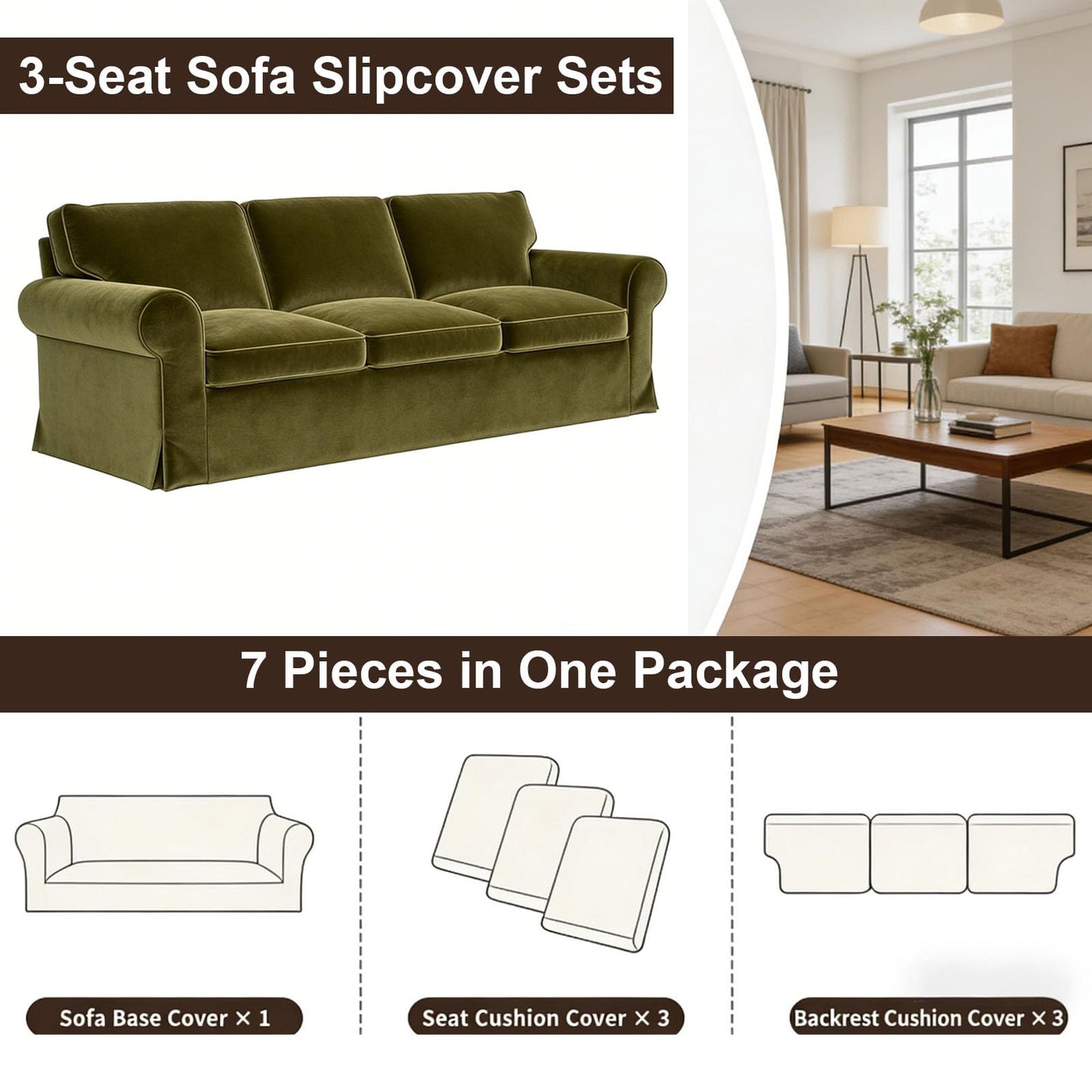 Velvet Pet-Friendly Replacement Sofa Cover Compatible for IKEA Ektorp 3 Seat Sofa Slipcovers, Couch Cover Only, 7-Piece Slipcover, Green, Couch Cover Not Include The Sofa Body