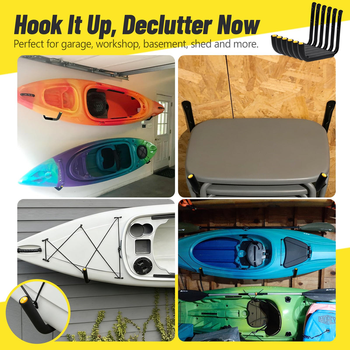 GEEDAR Heavy Duty Garage Storage Hooks -75 LB Capacity, 6packs, 9.8" Wall Mounted Rack for Hanging Paddle Board, Ladders, Bikes Enforced Kayak Storage Hanger