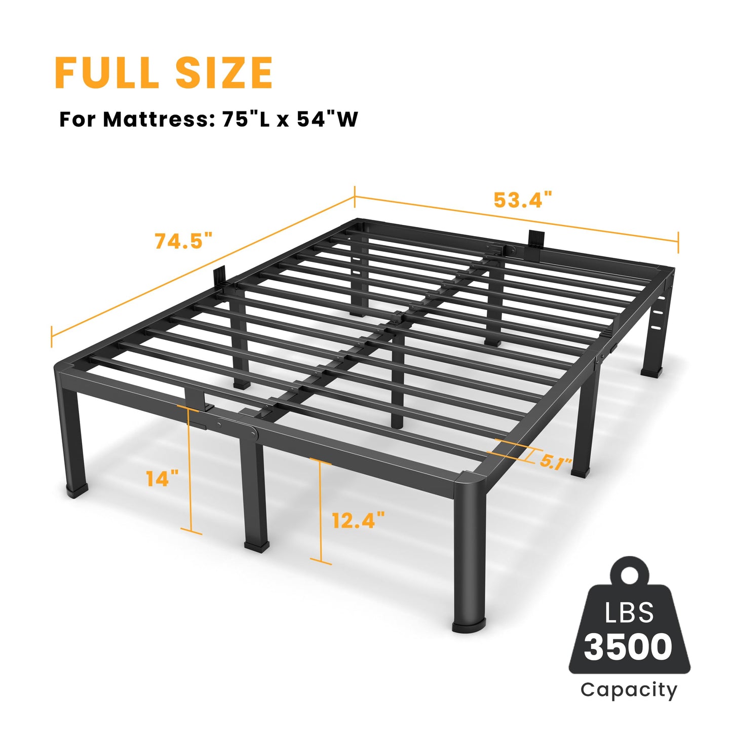 14 Inch Full Bed Frame, Metal Platform Bed Frame with Round Corner Legs, 3500 lbs Heavy Duty Steel Slats Support, No Box Spring Needed, Noise Free, Easy Assembly, Black
