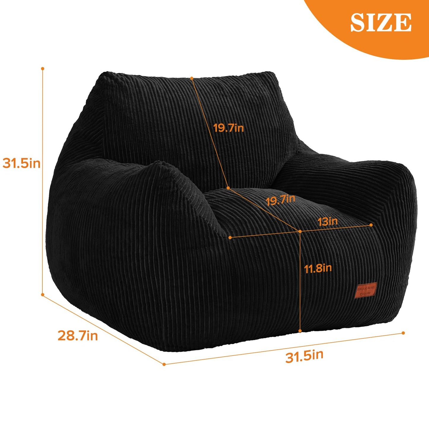 Vellorise Big Bean Bag Chair for Adults, Ultra Soft Living Room Bean Bag with Armrests, Stuffed BeanBag Chair for Napping, Gaming, Vacuum-Compressed for Easy Gifting, 48 Hours to Fluffs Up, Black