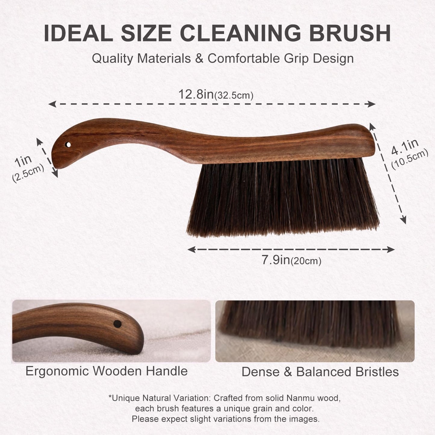 Hand Broom Dust Brush, Curved Wooden Bench Brush with Balanced Firmness Bristles for Couch, Bed, Car & Desk, Foxtail Brush & Crumb Sweeper with Drawstring Bag, Lanyard & Hook