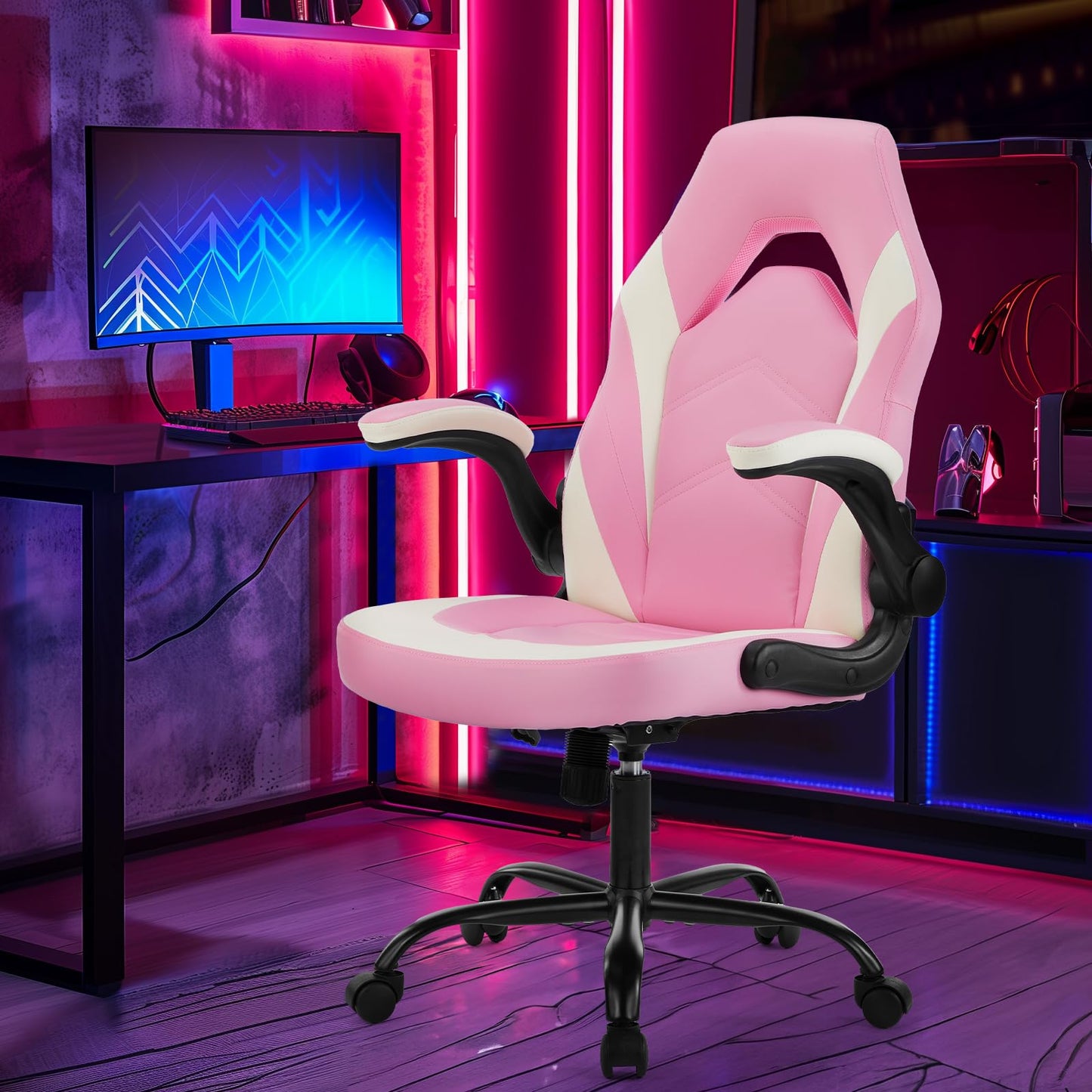 Sweetcrispy Computer Video Game Desk Chair - Ergonomic Comfy Lumbar Support, PU Leather with Flip-up Armrest, Height Adjustable and 360° Swivel, for Adults, Pink