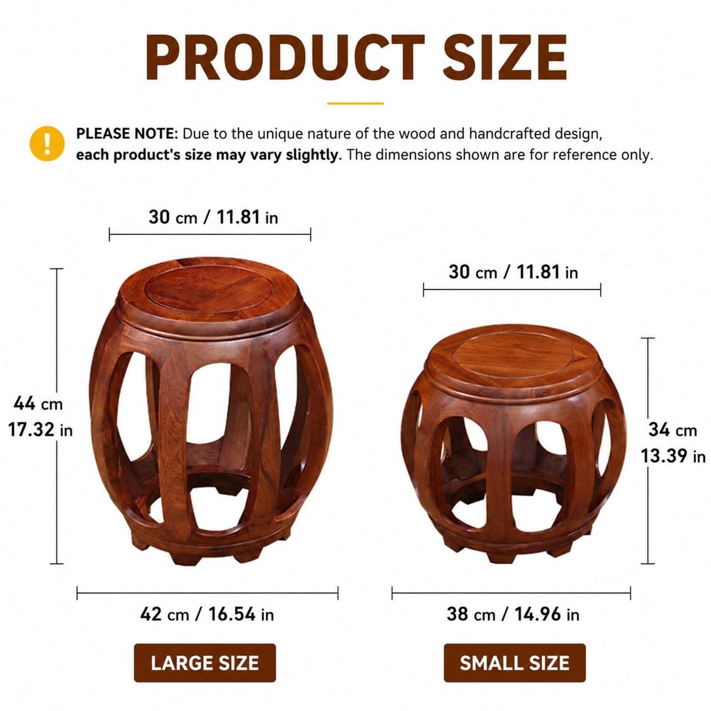 HARELA Chinoiserie Garden Stool, Wood Drum Stool, Entryway Shoe Bench, Multi-Purpose Decorative Accent Seat for Courtyard, Lawn, Patio, Indoor & Outdoor Summer Decoration(Walnut 1,34cm/13.4in)