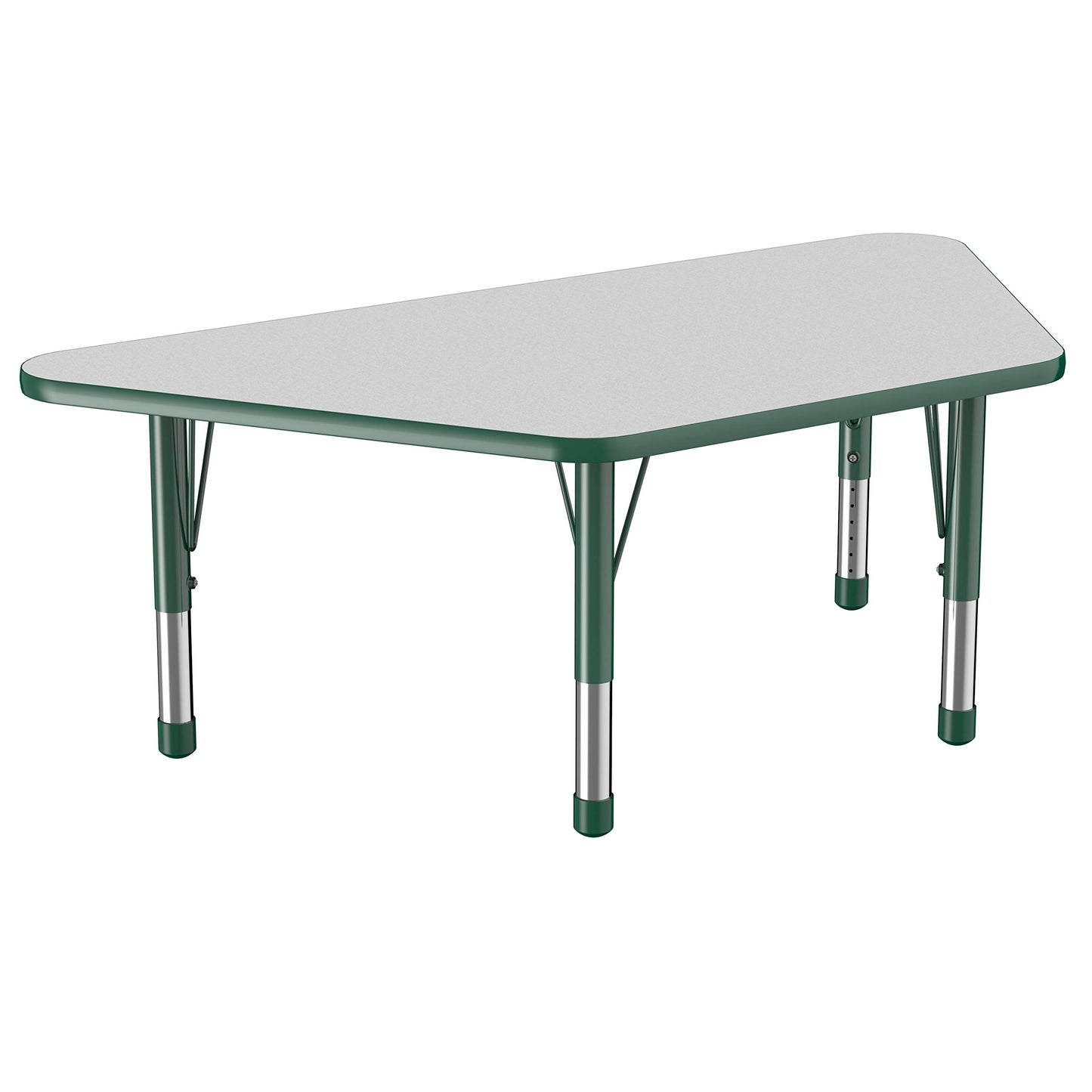 FDP Trapezoid Activity School and Classroom Kids Table (30 x 60 inch), Chunky Toddler Legs for Collaborative Seating Environments, Adjustable Height 15-24 inches - Gray Top and Green Edge