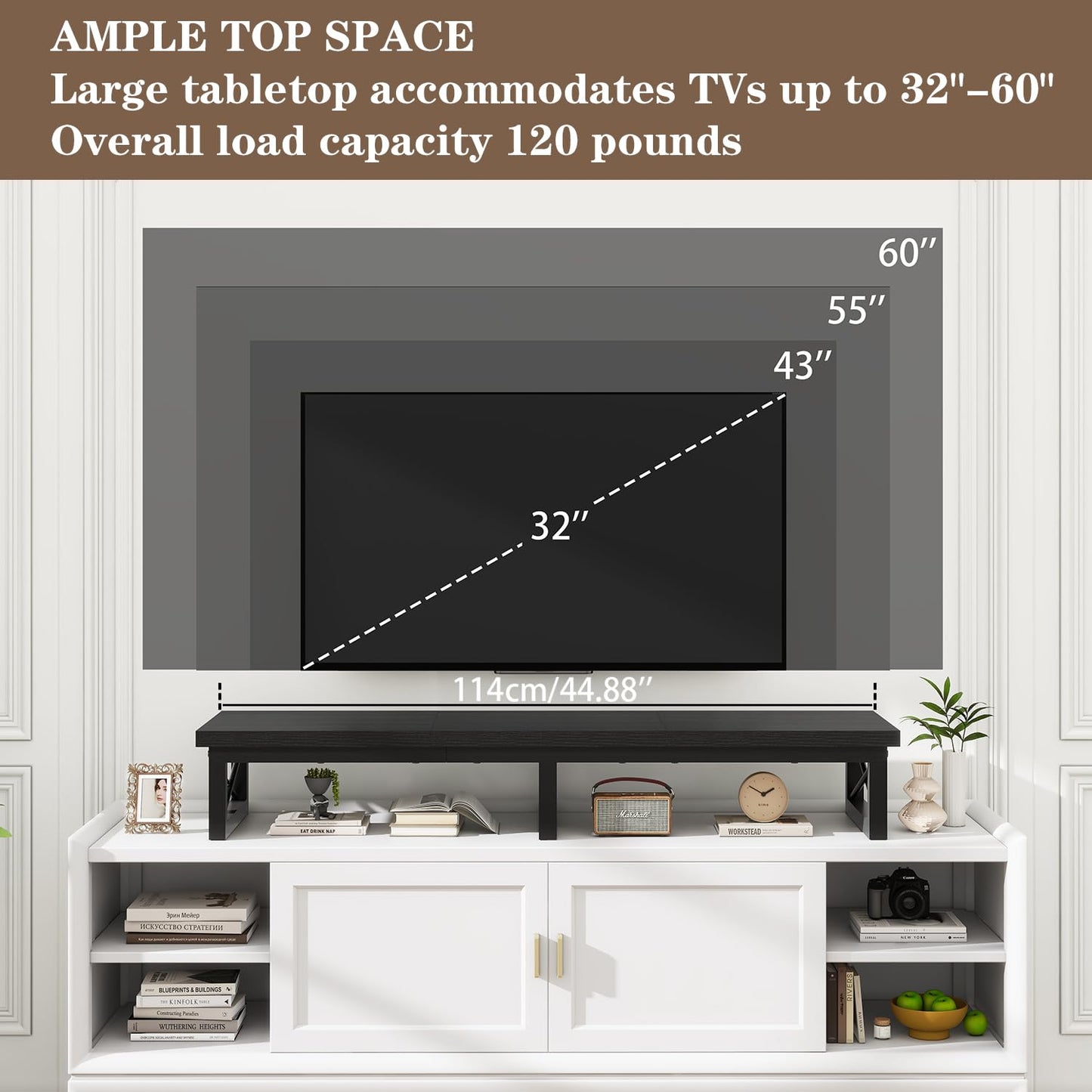 IBUYKE 45" Large TV Riser for 32-60 inch TV,Tabletop Short TV Stand with Storage and Steel Legs,Dual Screen Office Desk,Stand Riser,TV Riser Stand for Home,Bedroom,Living Room,Black TVT002B