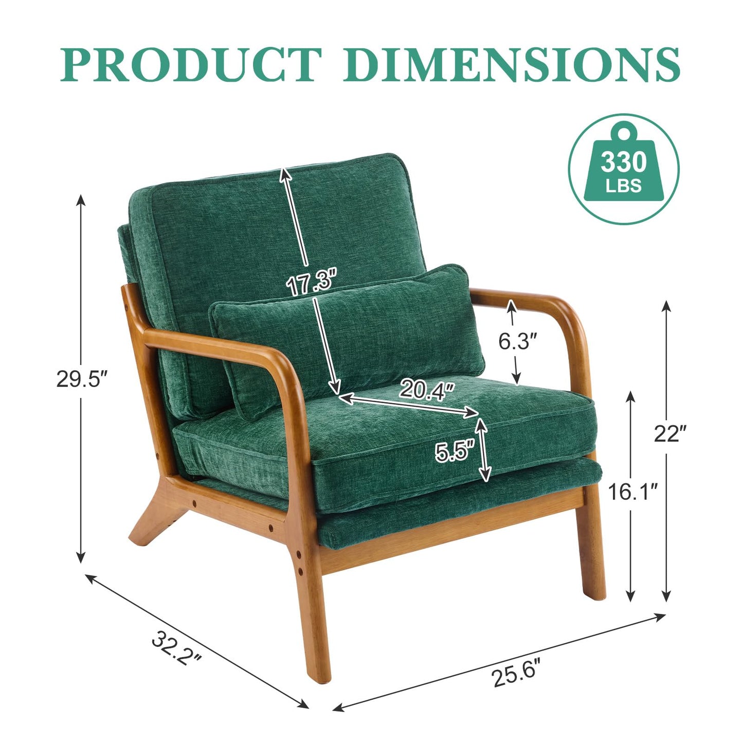 Karl home Mid Century Modern Accent Chair with Lumbar Pillow & Oak Arms – Plush Chenille Living Room Chair for Bedroom, Lounge (Dark Green)
