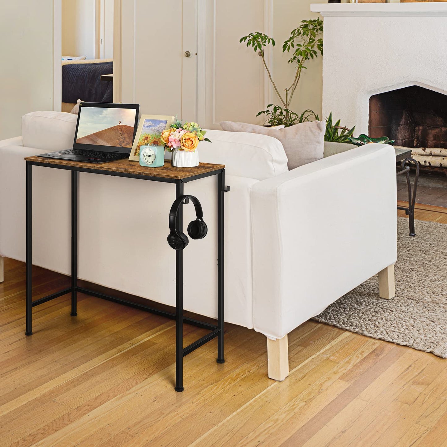 BTY Narrow Console Table Small Entryway Table Industrial Couch Table Behind Sofa Table Hallway Table with Hooks for Living Room Foyer Bedroom Corridor Office Rustic Brown