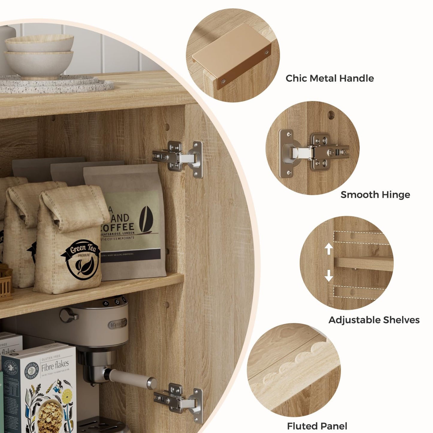Homleke Buffet Cabinet with Storage, Modern Fluted Accent Sideboard with Doors & Adjustable Shelf, Buffet Table Entryway Cabinets for Living Room, Kitchen, Dining Room, Hallway, Natural