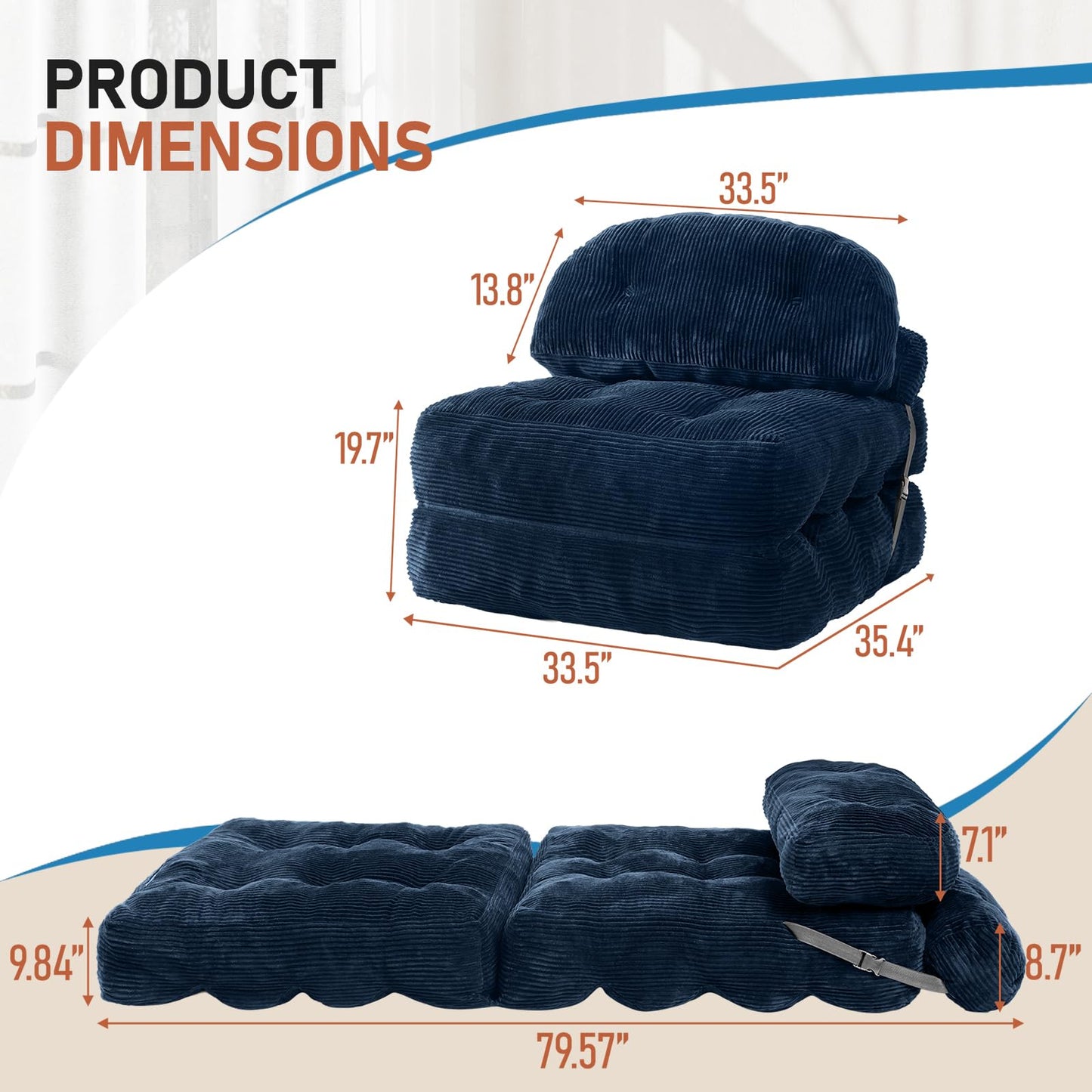 Vellorise Folding Sofa Bed, Convertible Sleeper Chair with Back Support and Pillow Futon,Boneless Foldable Couch for Living Room/Guest Use/Home Office, Foldable Chair Bed for Adults, Navy Blue