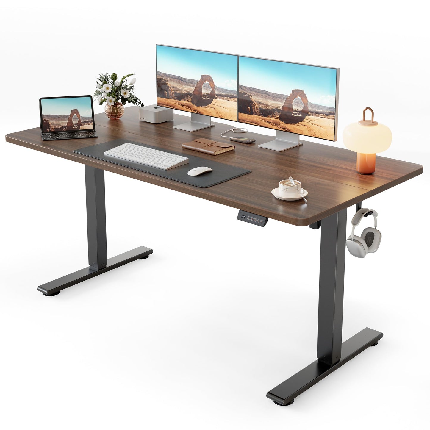 Cubiker Standing Desk, 55x28 Inches Sit Stand Home Office Desk, Electric Stand up Desk, Adjustable Desk with Splice Board, Black Frame/Black Walnut Top