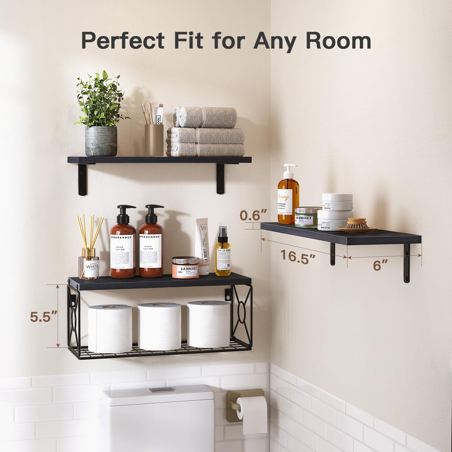 Amada Bathroom Shelves Over Toilet with Storage Basket, Floating Wall Shelf for Home Organization & Wall Decor, Bathroom/Kitchen/Living Room Shelves–Black