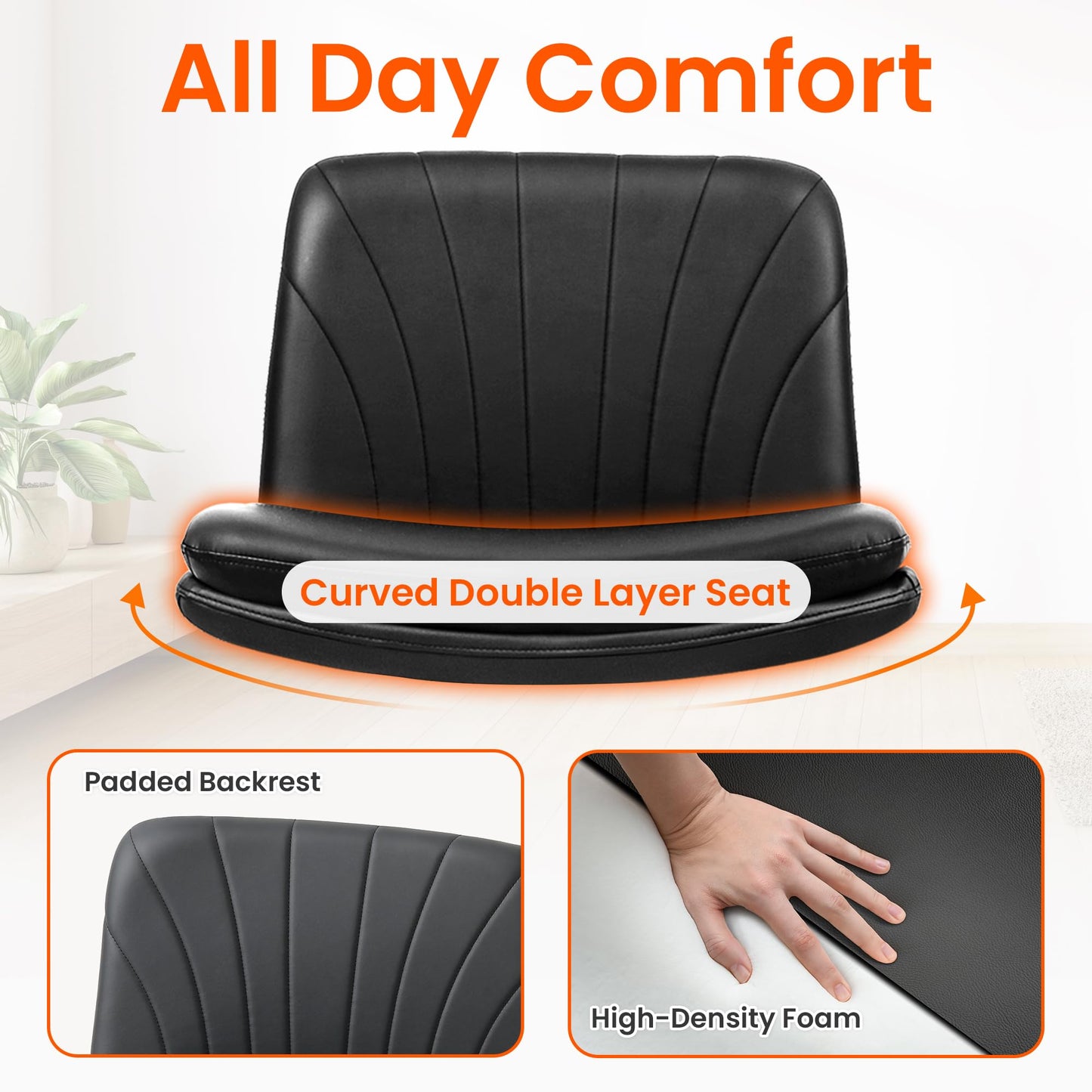 Orange Factory Criss Cross Chair with Wheels Comfy Wide Vanity Desk Chair Dual Base Leather Armless Adjustable Swivel for Home Computer Task (Black Pu, Faux Leather)