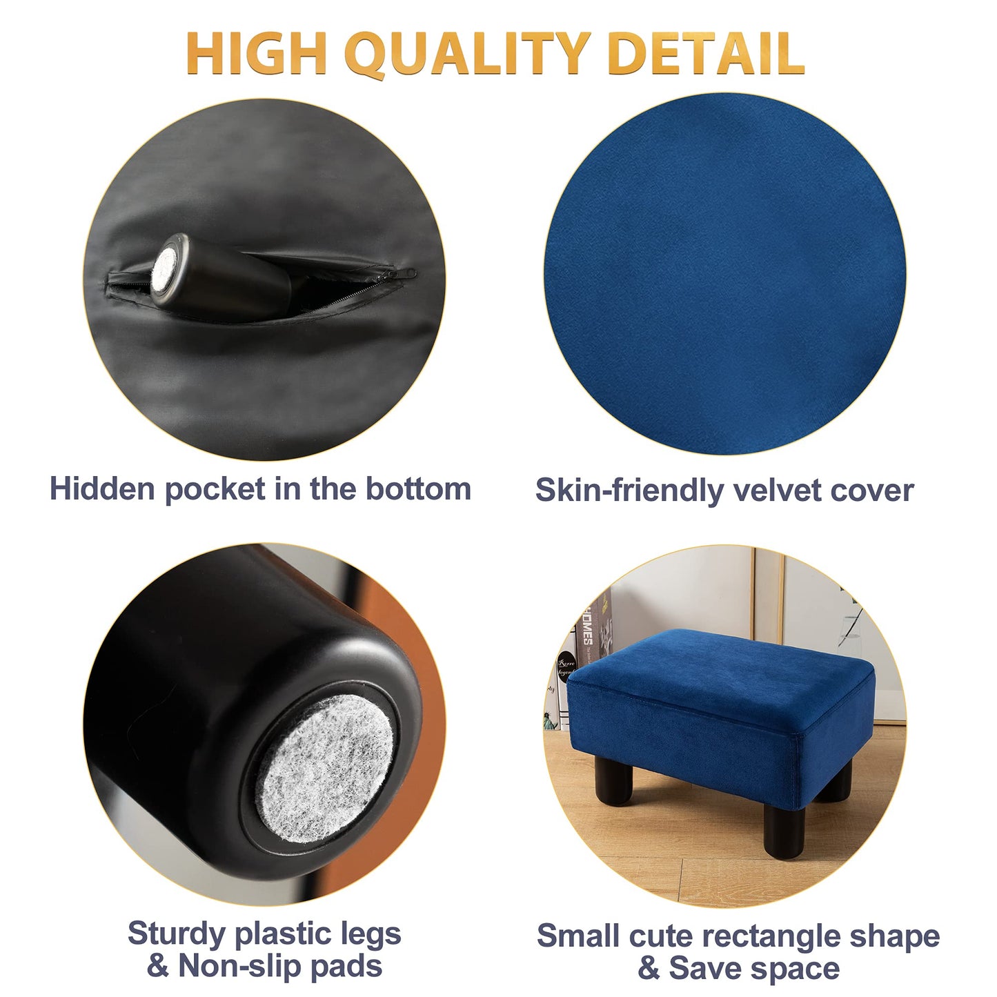 LUE BONA Small Foot Stool, Velvet Fabric Footrest Ottoman Stool with Non-Skid Plastic Legs, Rectangle Footstool Step for Couch, Desk, Office, Living Room, Navy