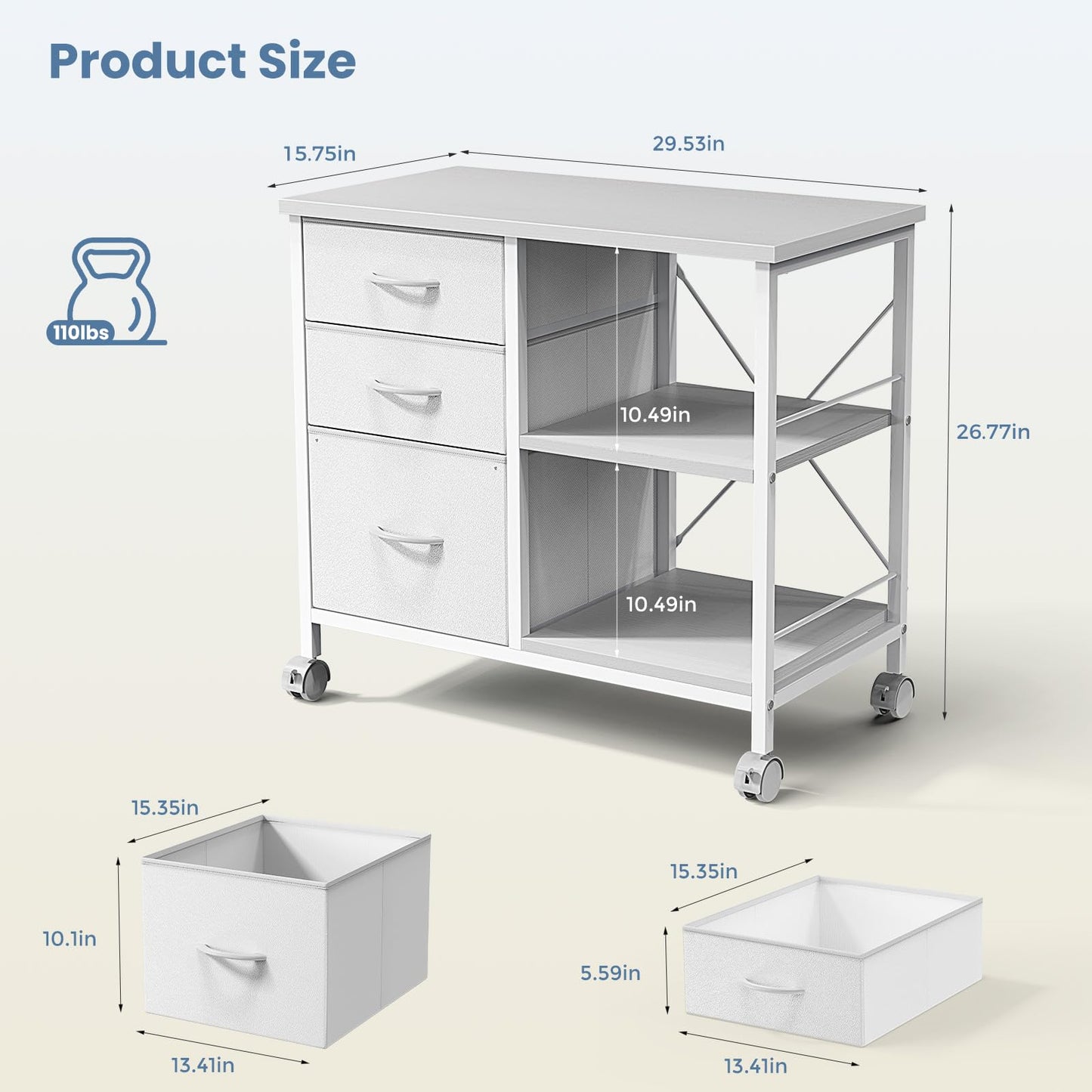 DUMOS 3 Drawer Mobile File Cabinet, Freestanding Fabric Lateral Filing Cabinet Fits A4/Letter Size, Space Saving Rolling Printer Stand with X-Frame and Open Storage Shelf for Home Office, White