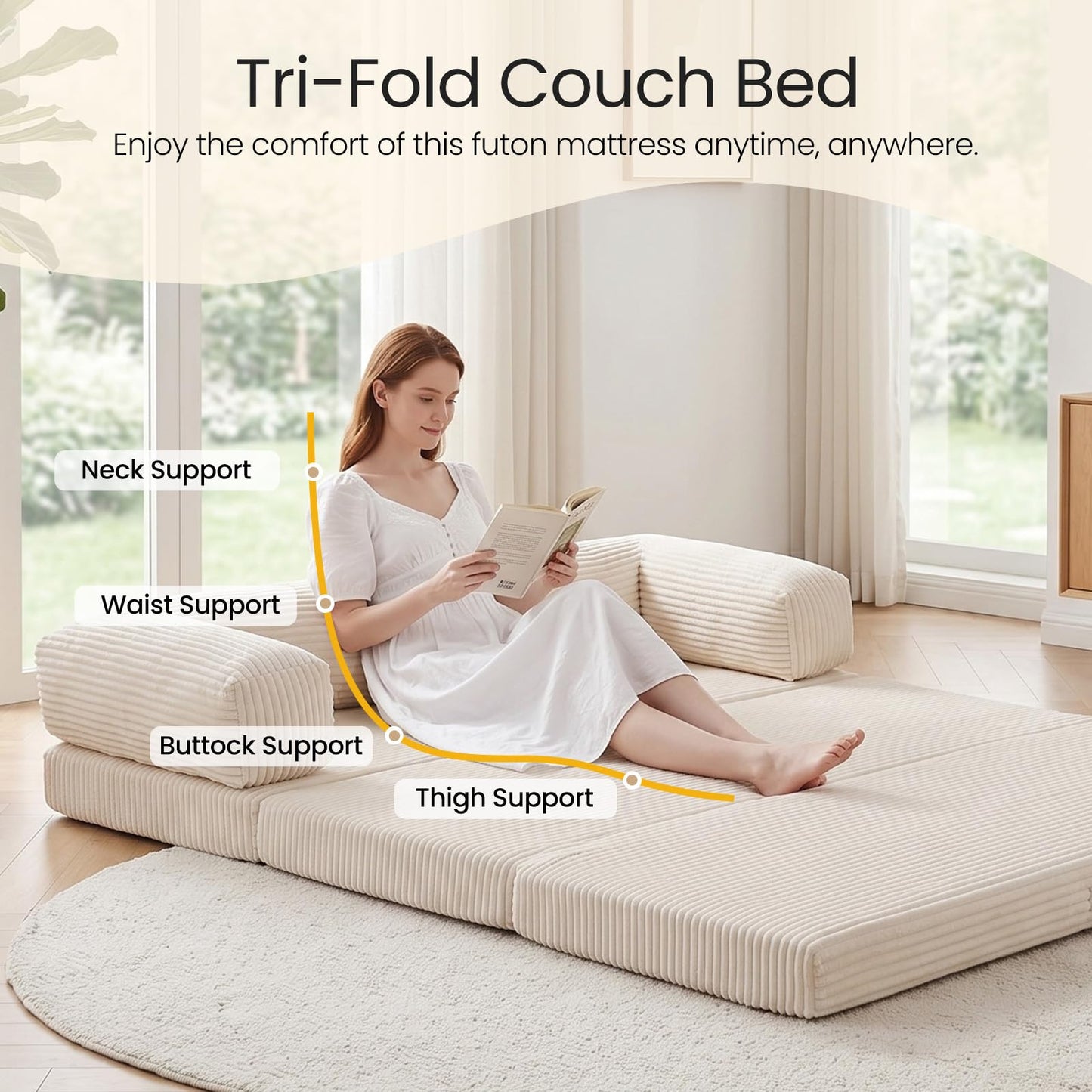 Erament Convertible Sofa Bed, Tri-Folding Mattress Queen with Removable Armrests & Washable Cover, Foldable Small Pull Out Couch Bed with High-Density Foam, Beige