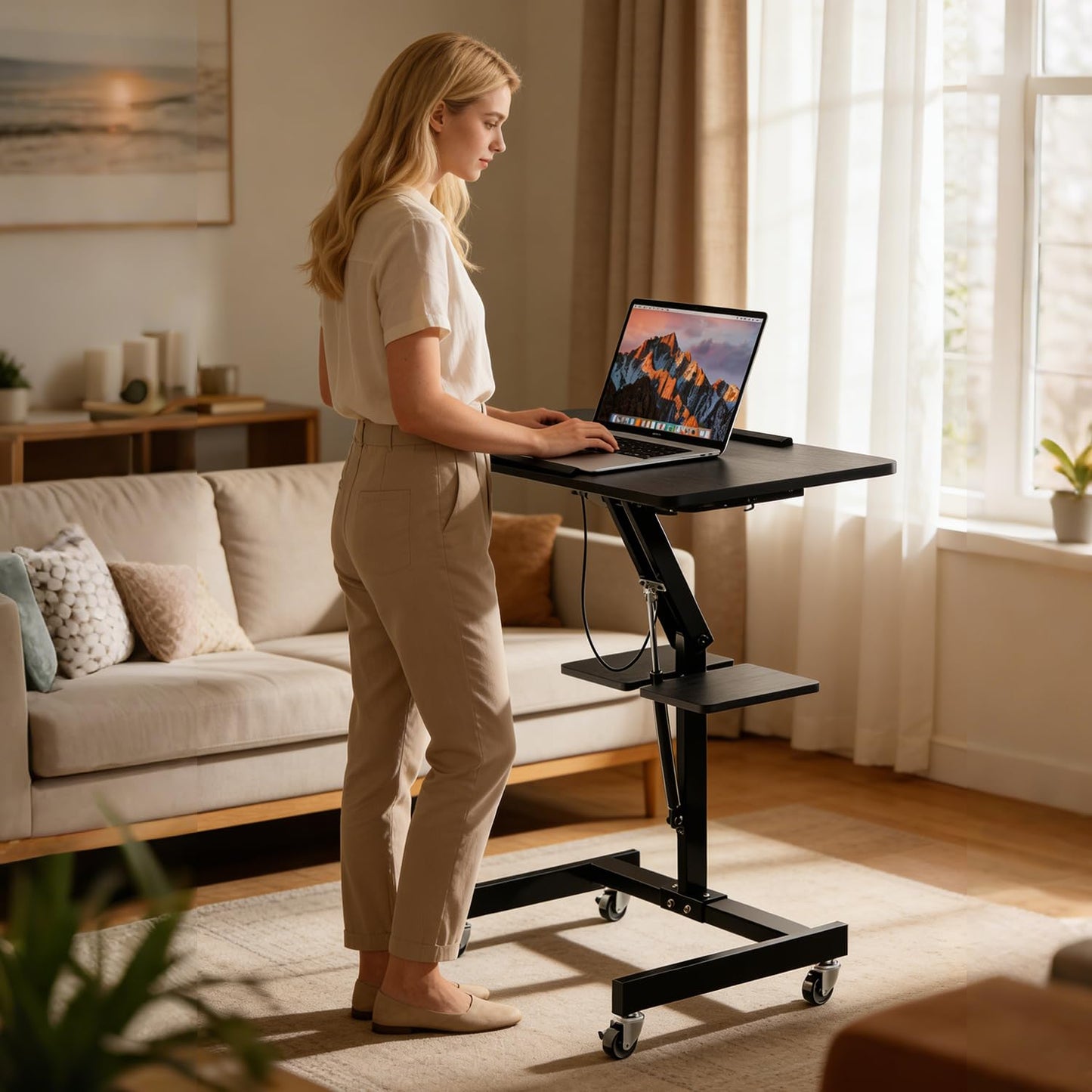FULOOPHI Mobile Standing Desk with Wheels, Height Adjustable Laptop Table, 27.56 Inch Portable Ergonomic Workstation with Locking Casters & Tilting Top, Black