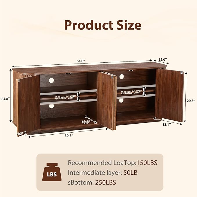 64'' Fluted TV Stand for TVs up to 75'', Modern Long Media Console