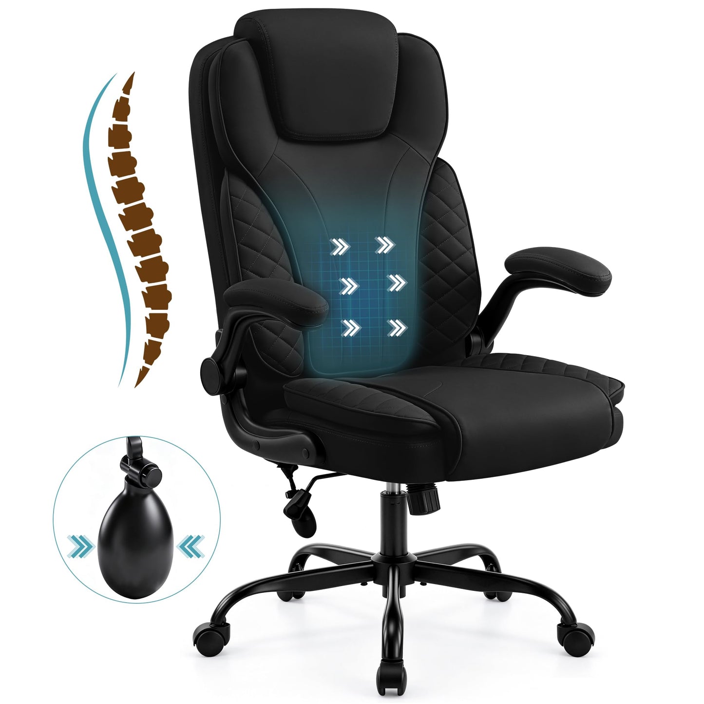 Hayelf Ergonomic Office Chair, PU Leather High Back Executive Chair with Adjustable Inflatable Lumbar Support and Padded Flip-Up Arms, Recline Swivel Task Computer Chair for Home Office, Black