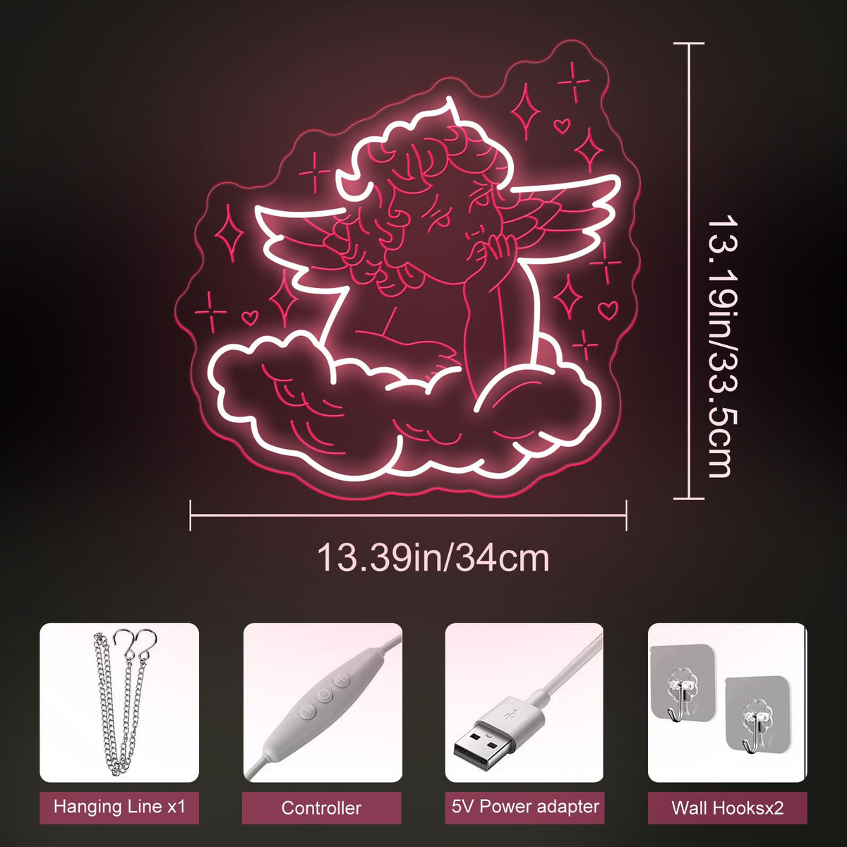Cherub Neon Sign Valentine Cupid Arrow Neon Light Children's Bedroom Led Neon Lights for Light Up Signs for Nursery Baby welcome Ceremony Home Club Wedding Birthday Gender Reveal Party-13.4"